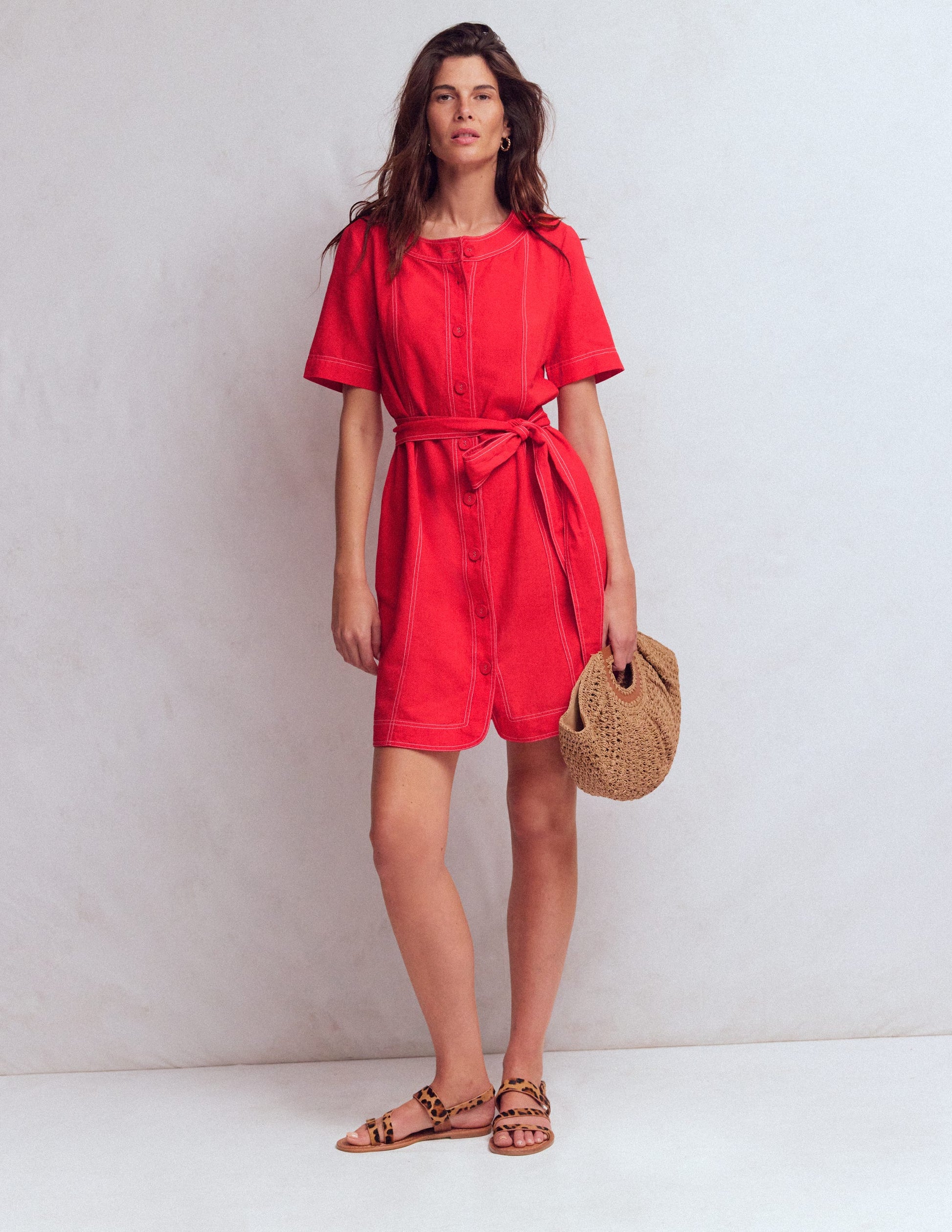 Callie Linen Short Dress-Bright Cherry-4