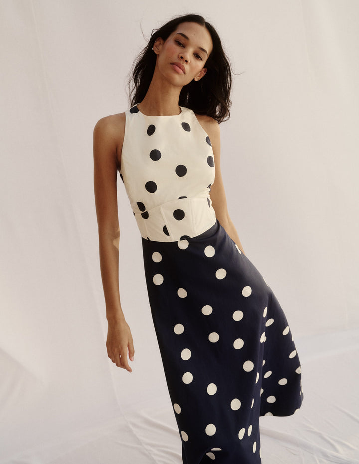 Silvia Boned Bodice Maxi Dress-French Navy Painted Spaced Dot