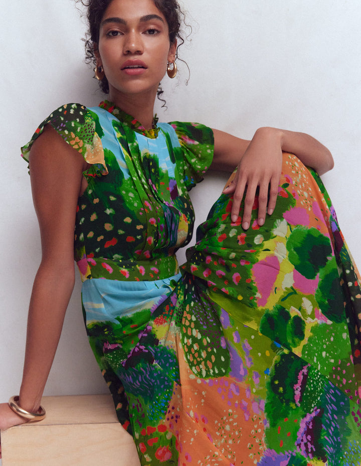 Pleat Ruffle Maxi Dress-Multi, Garden Path