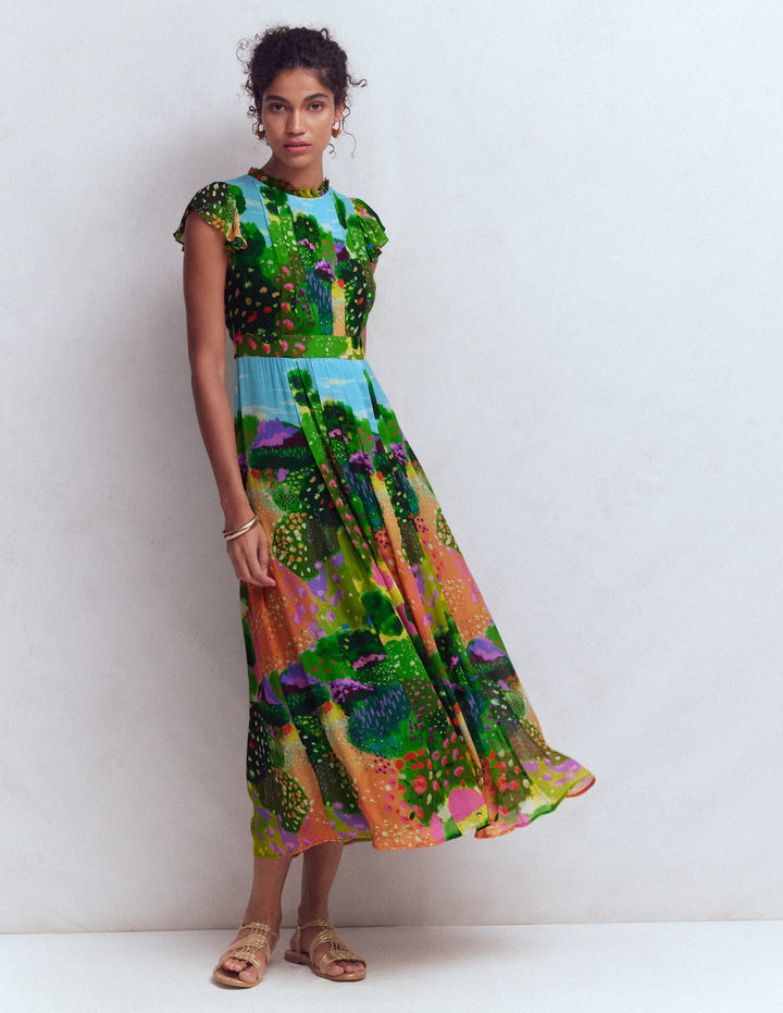Pleat Ruffle Maxi Dress-Garden Print
