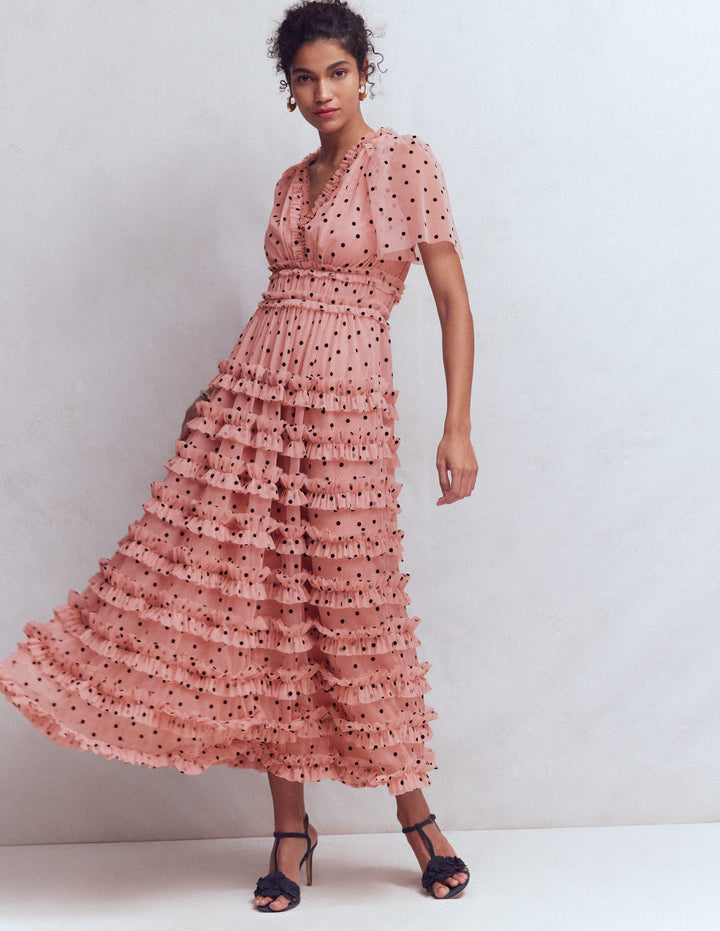 V-neck Ruffle Tulle Dress-Pale Pink and Black Spot