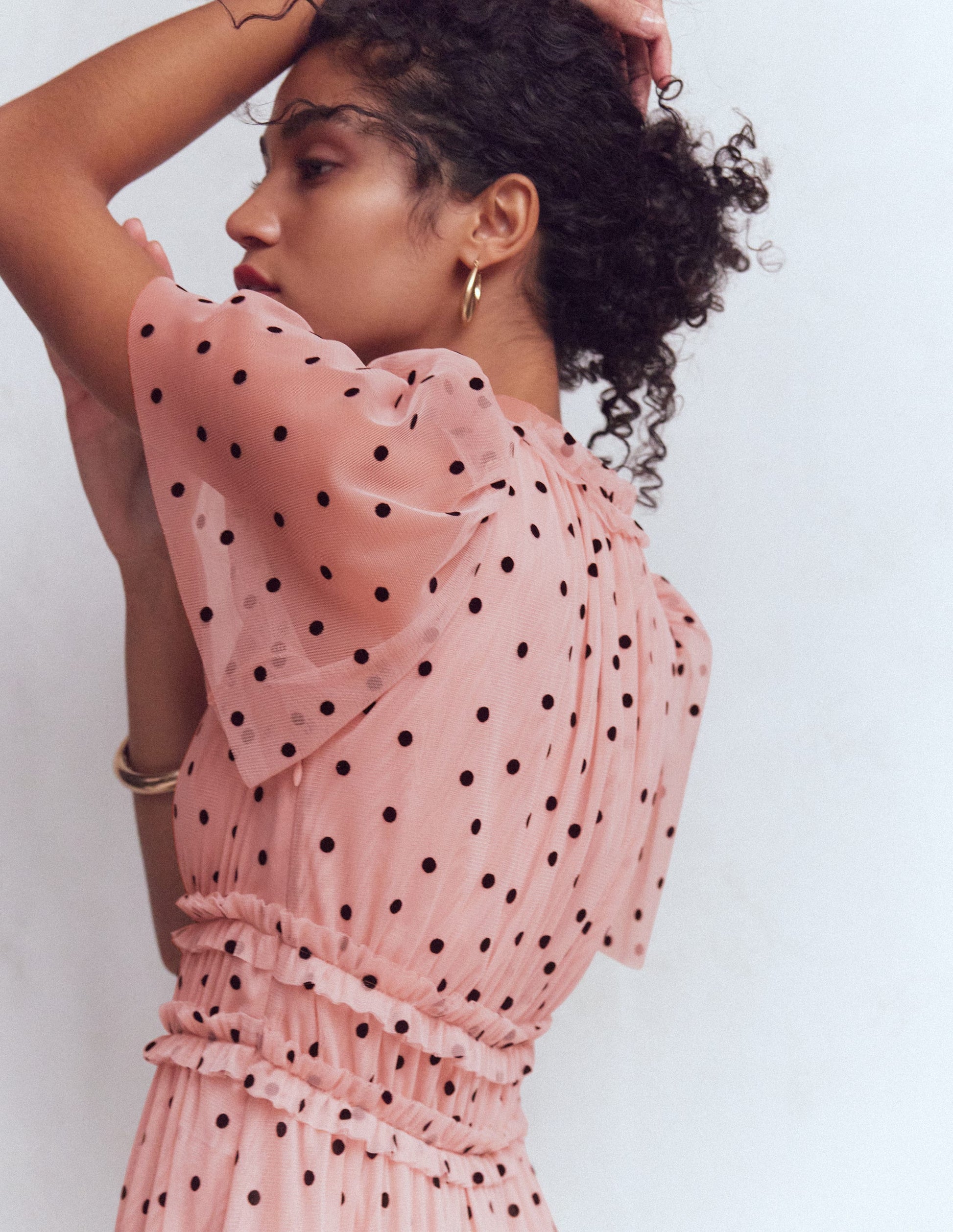 V-neck Ruffle Tulle Dress-Pale Pink and Black Spot-2