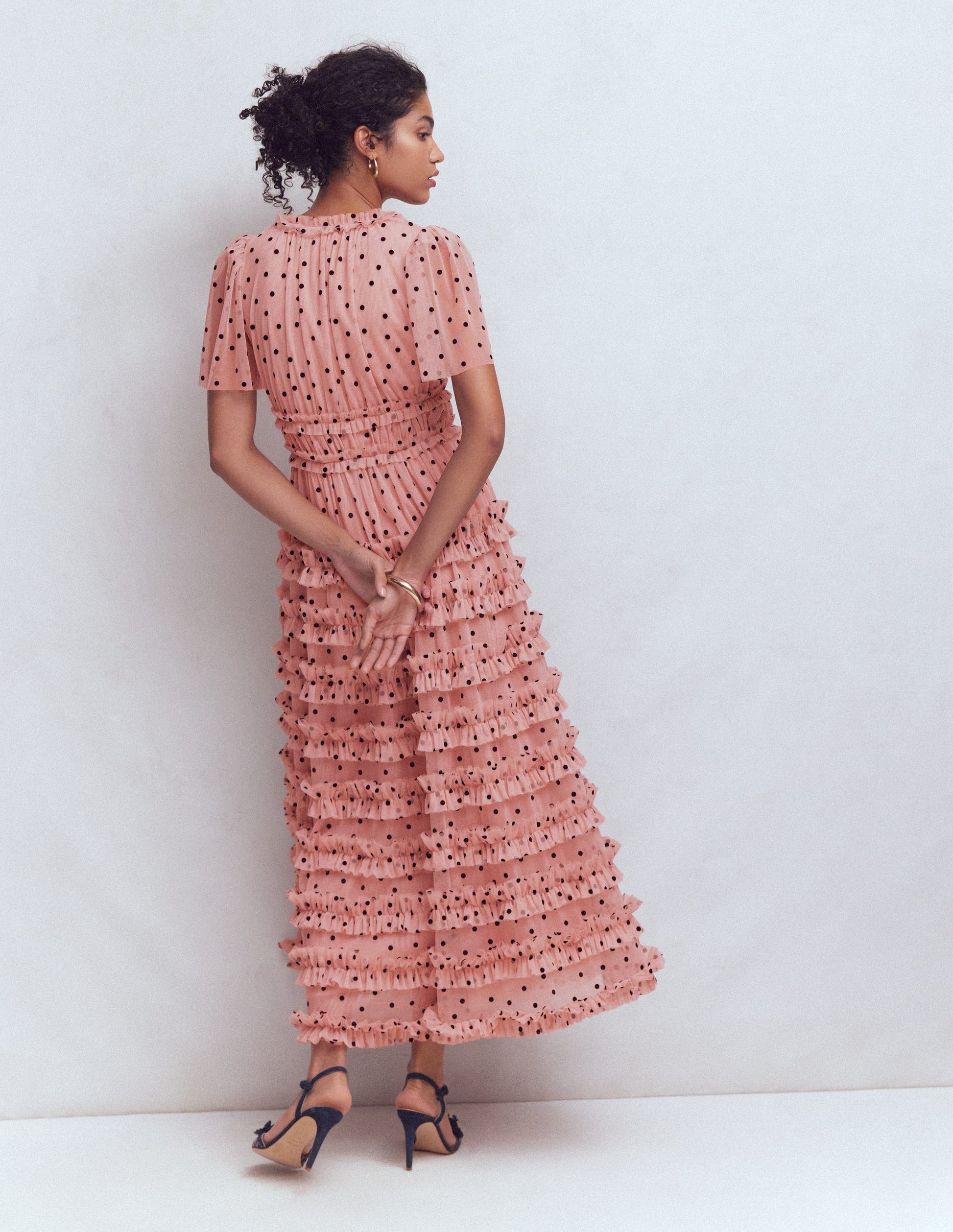 V-neck Ruffle Tulle Dress-Pale Pink and Black Spot-3