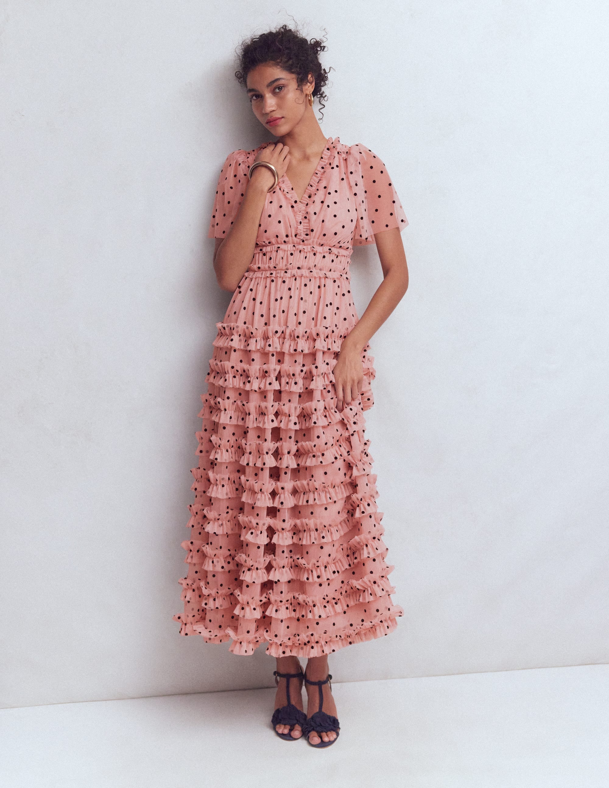 V-neck Ruffle Tulle Dress-Ivory Black Spot - Image 4