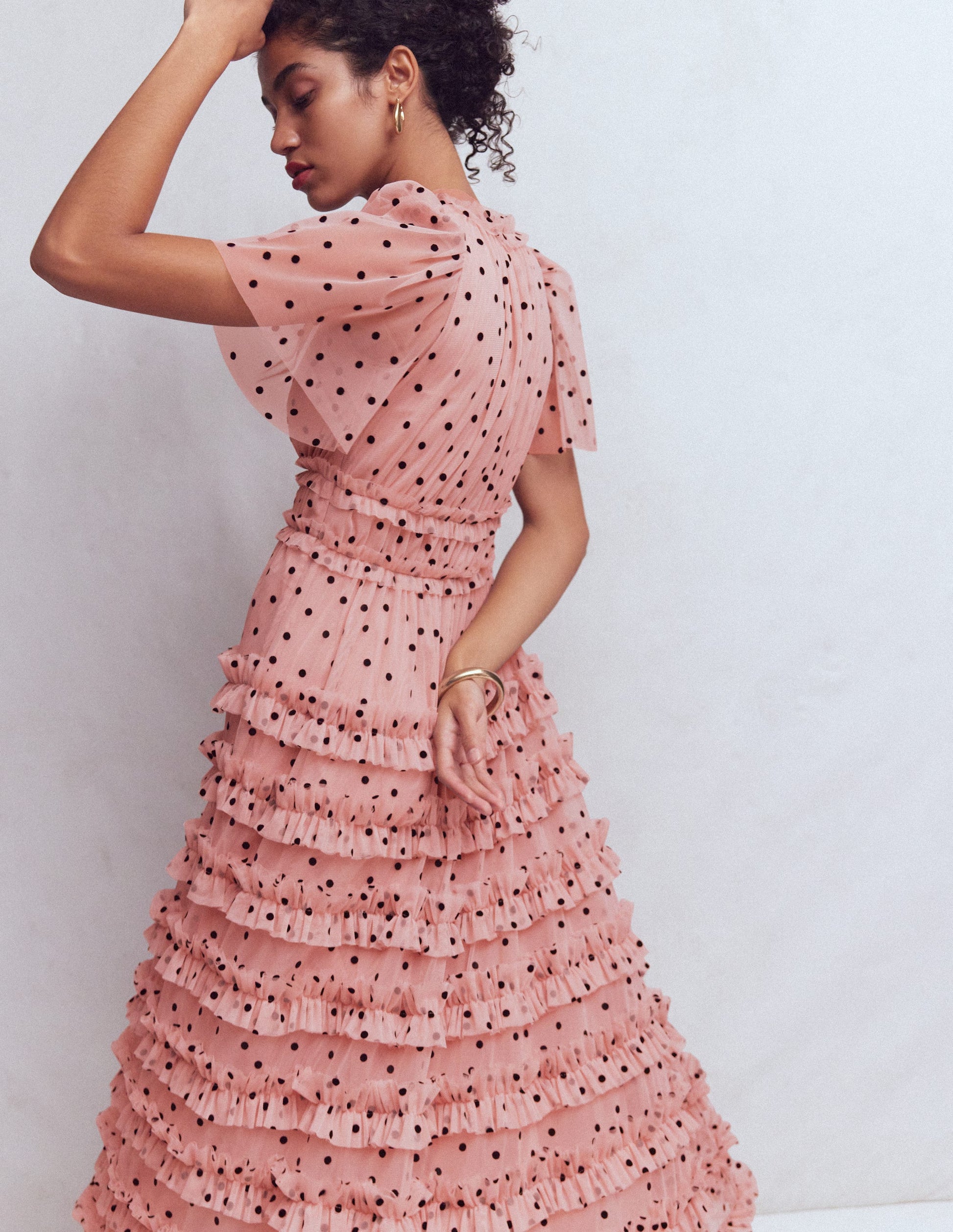 V - neck Ruffle Tulle Dress - Ivory Black Spot