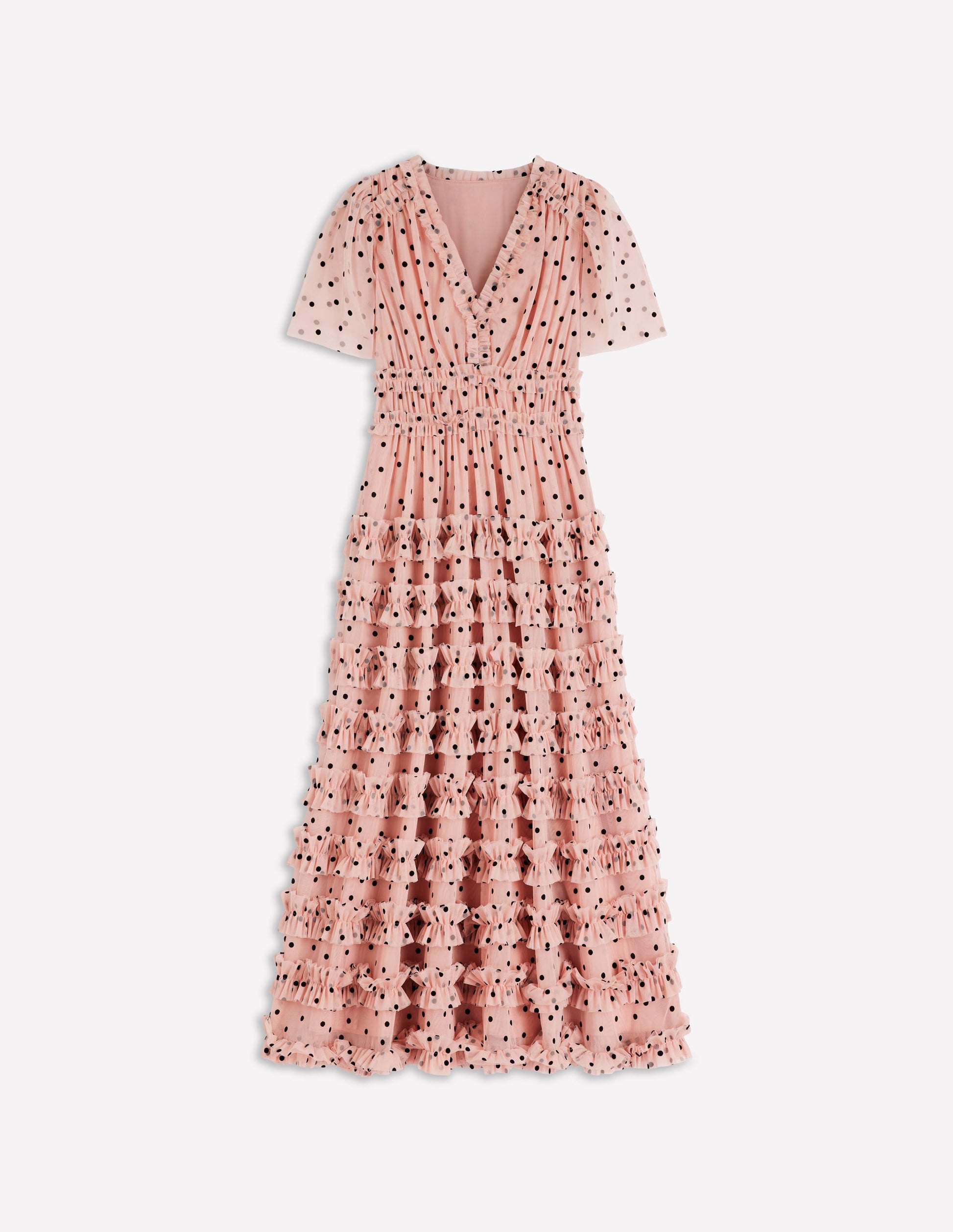 V-neck Ruffle Tulle Dress-Pale Pink and Black Spot-7