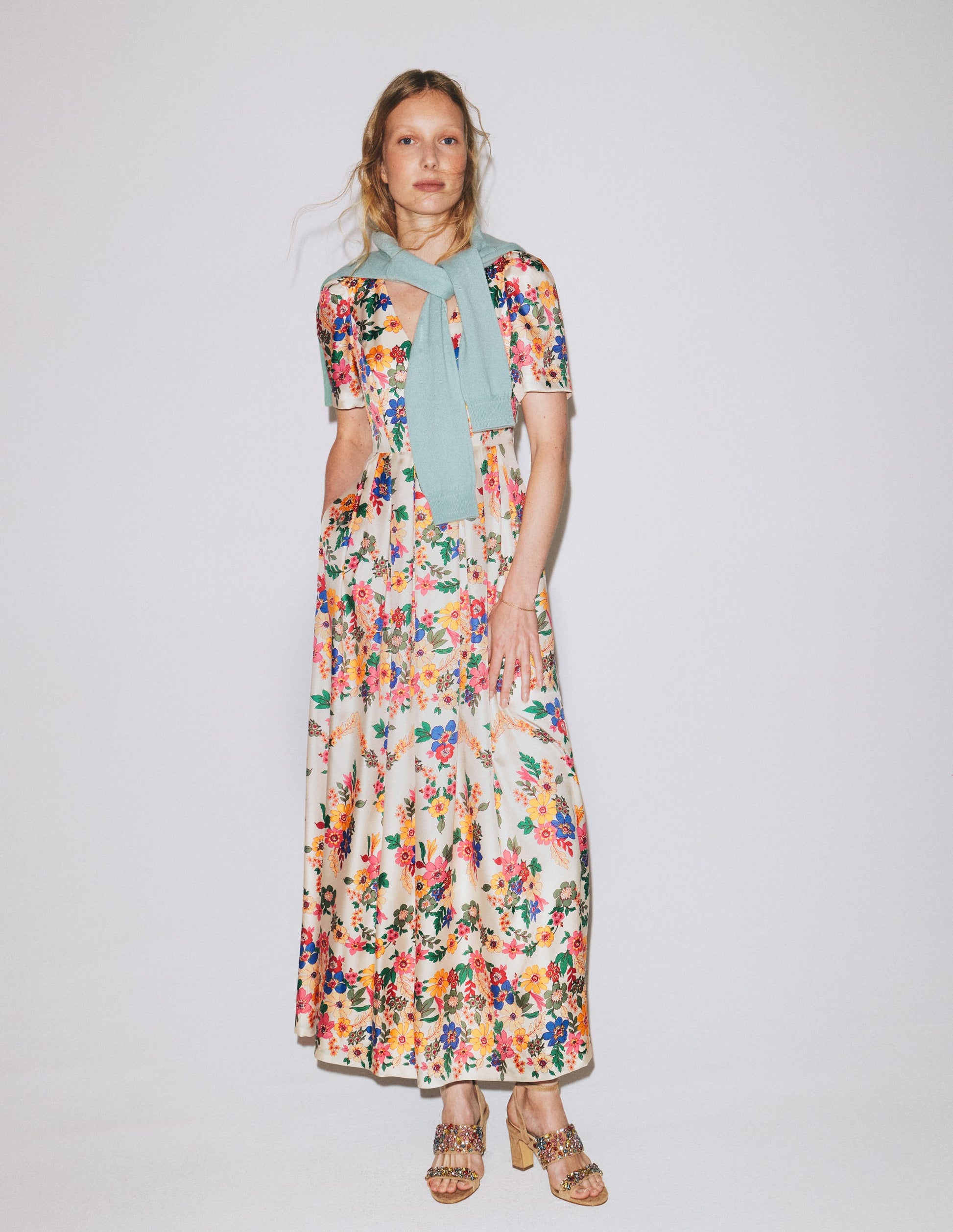 Pleat V-neck Dress-Multi Meadow Flowers-3