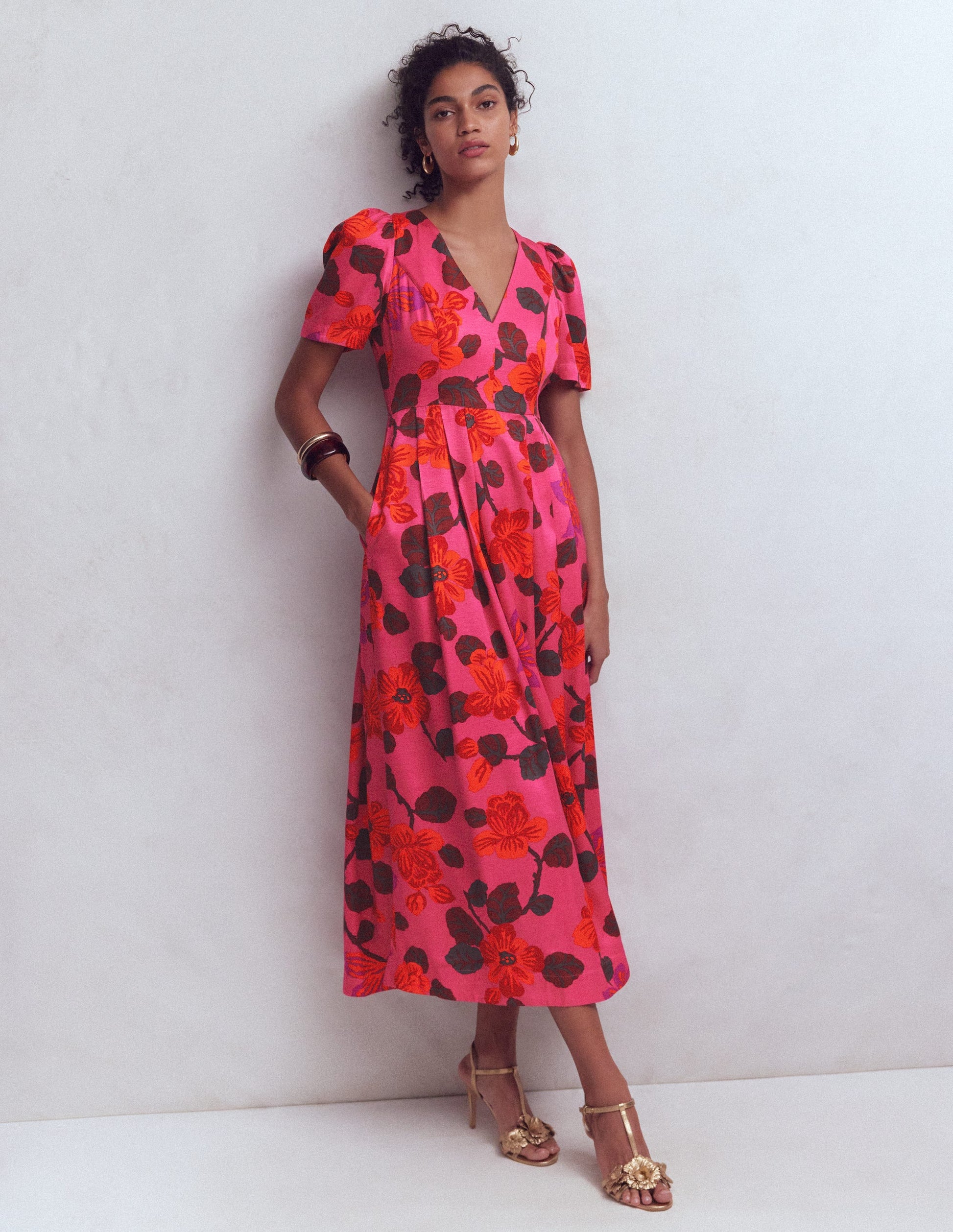 Pleat V-neck Dress-Pink, Elaborate Blossom-1