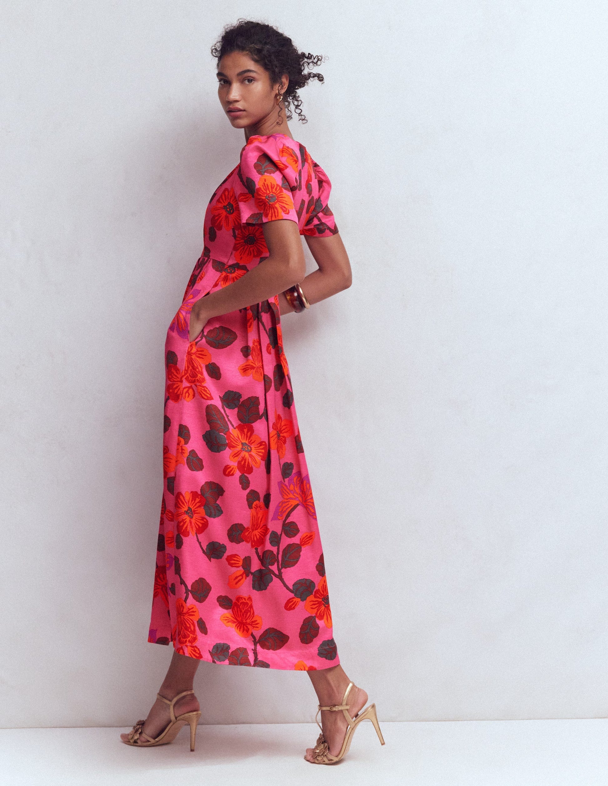 Pleat V-neck Dress-Pink, Elaborate Blossom-3