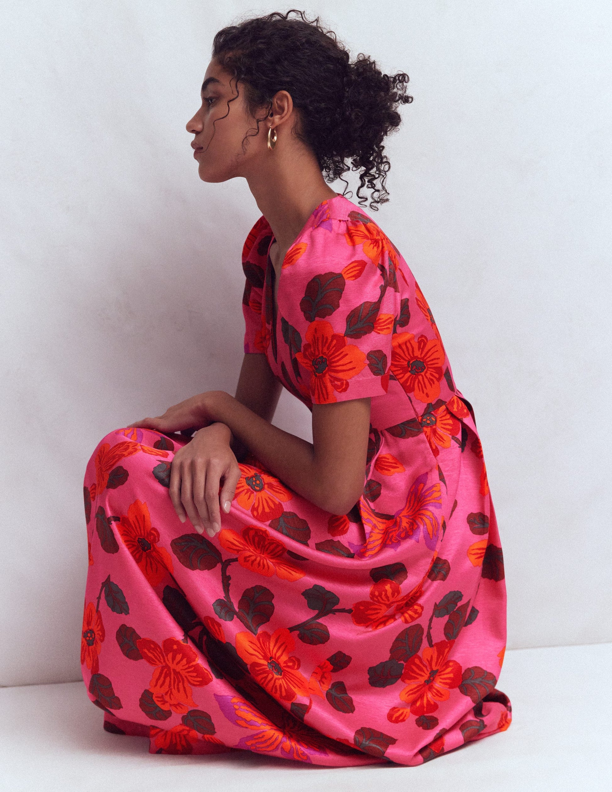 Pleat V-neck Dress-Pink, Elaborate Blossom-4