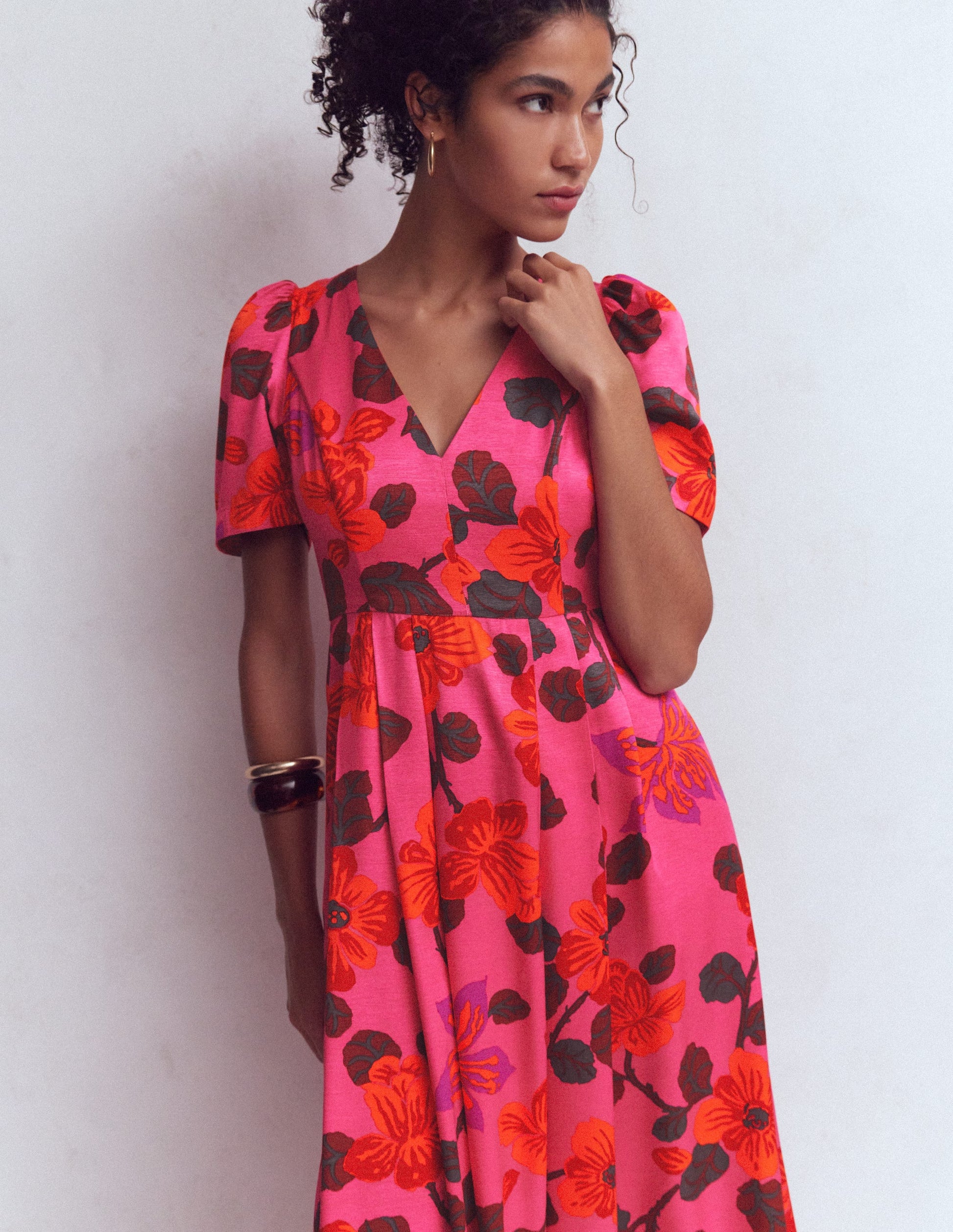 Pleat V-neck Dress-Pink, Elaborate Blossom-5