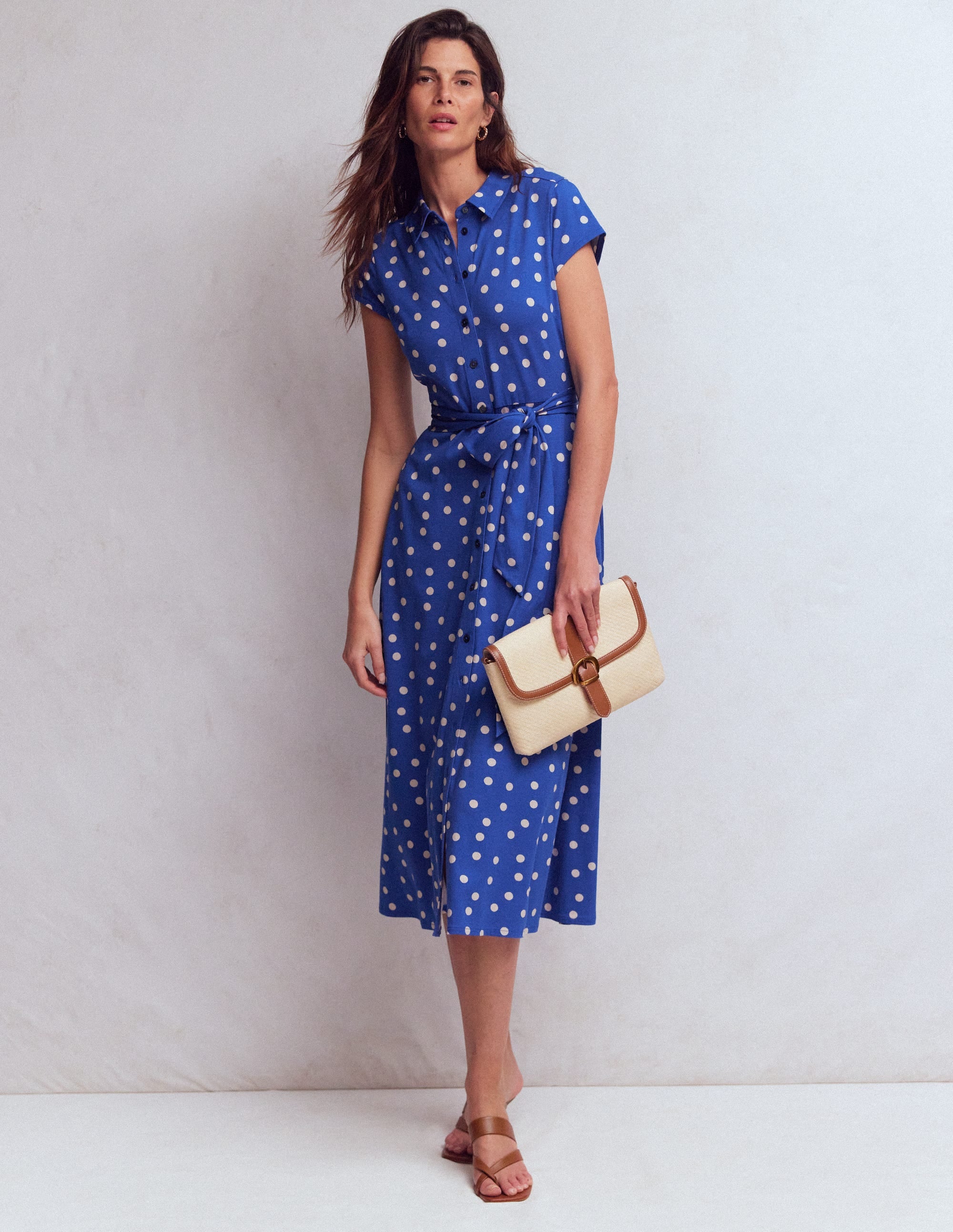 Marcia Jersey Shirt Dress-Bright Blue, Painted Dot - Image 1