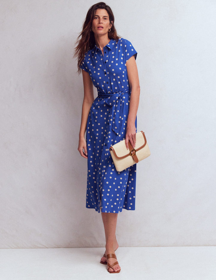 Marcia Jersey Shirt Dress-Bright Blue, Painted Dot