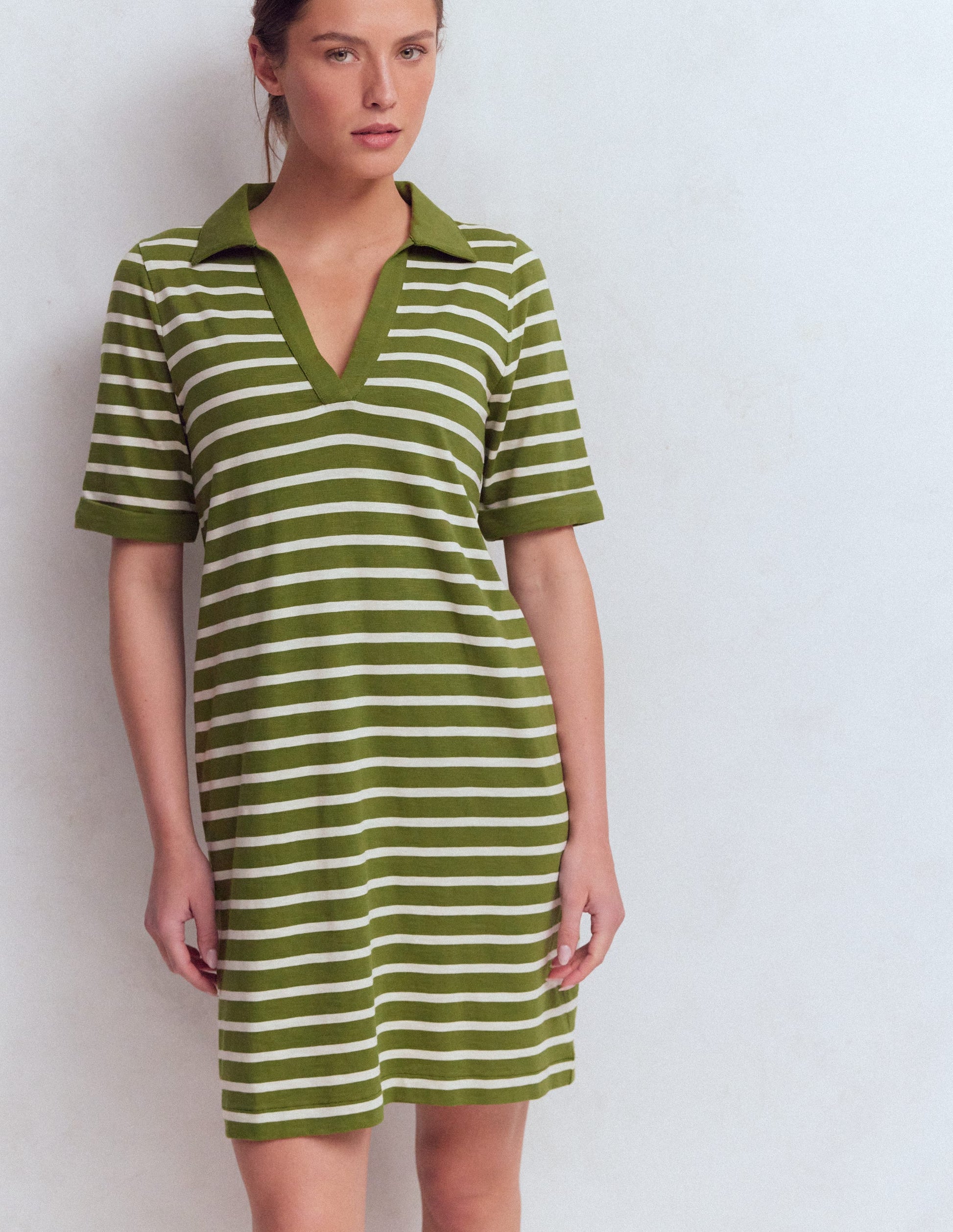 Tilda Jersey T - shirt Dress - Olive and Ivory Stripe