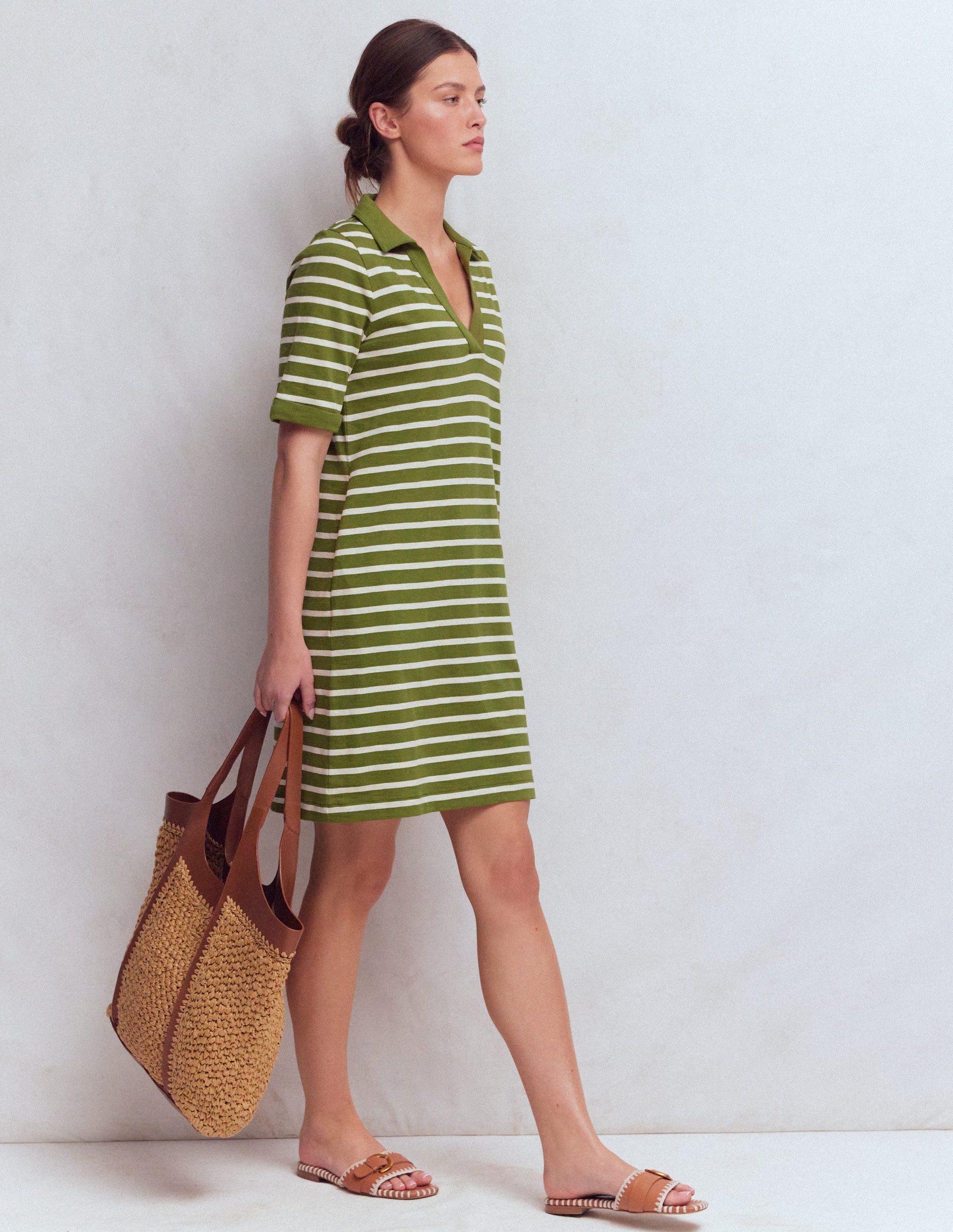 Tilda Jersey T-shirt Dress-Olive and Ivory Stripe-4