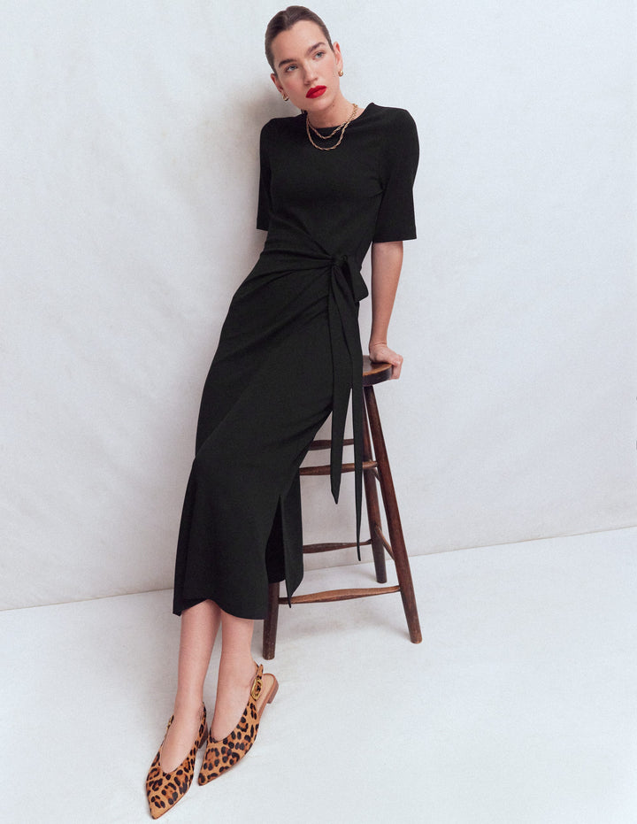 Zinnia Tie Ponte Midi Dress-Black