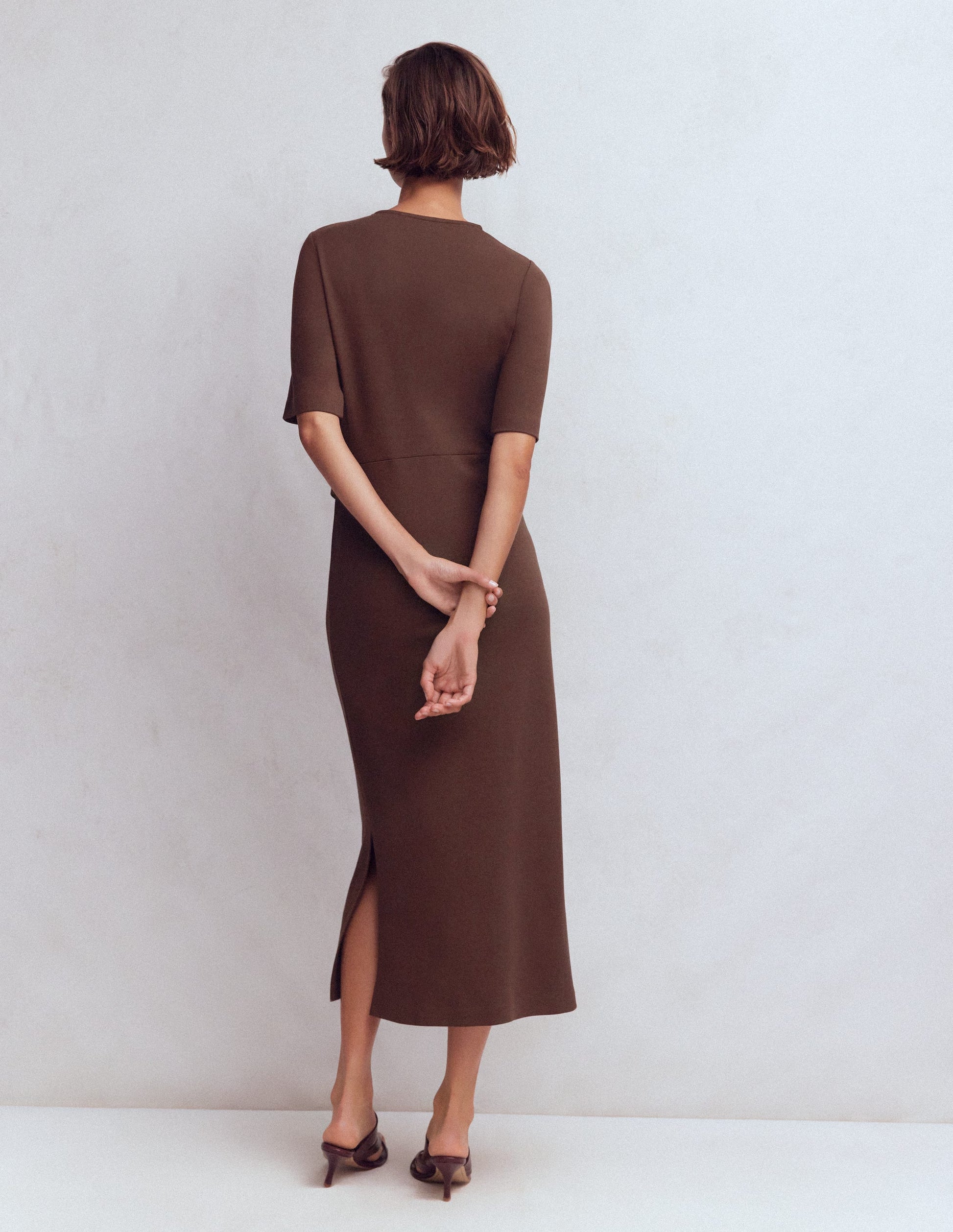 Zinnia Tie Ponte Midi Dress-Espresso-3