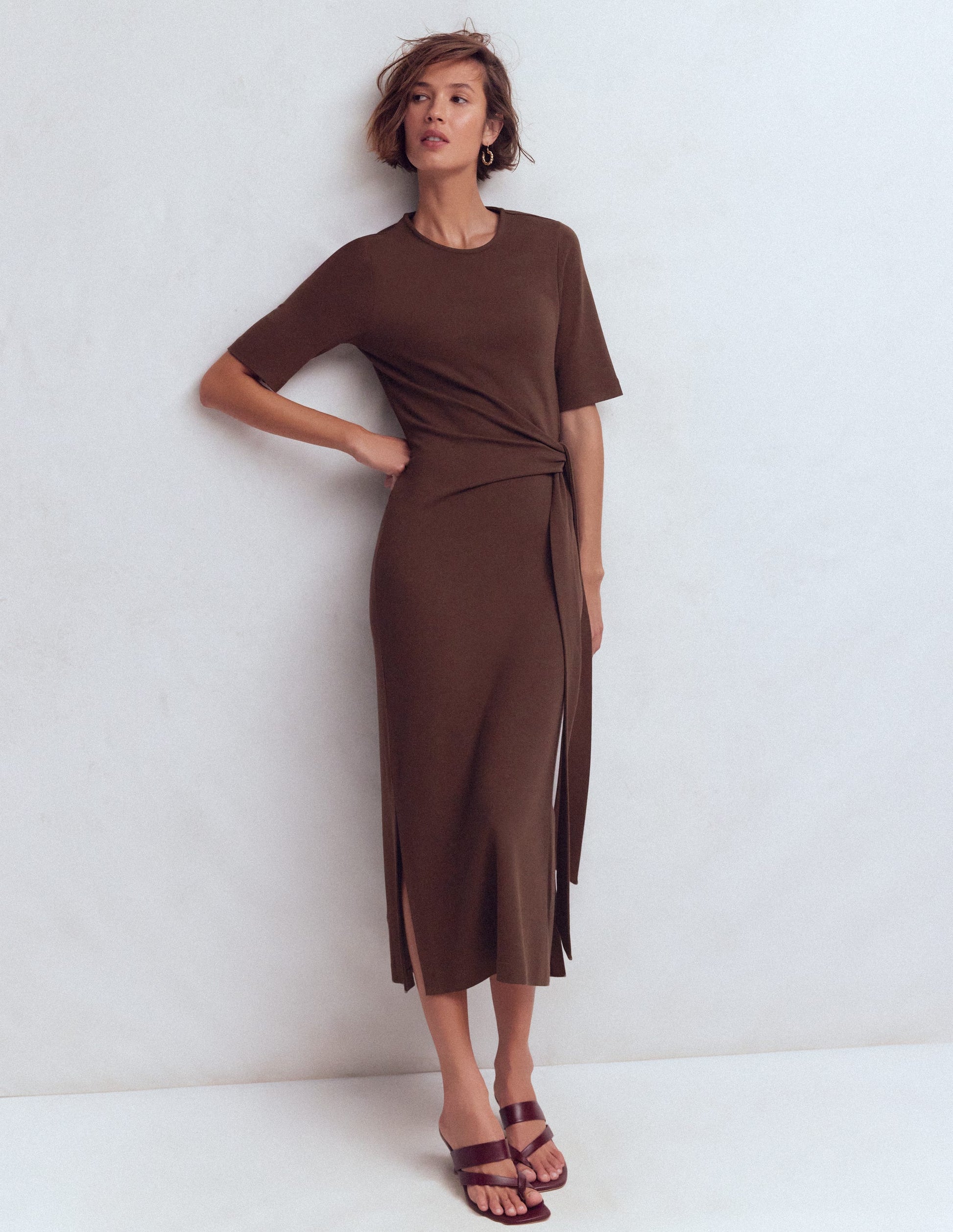 Zinnia Tie Ponte Midi Dress-Espresso-4