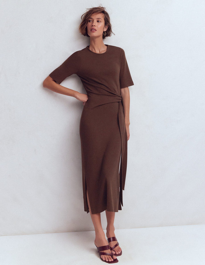 Zinnia Tie Ponte Midi Dress-Espresso