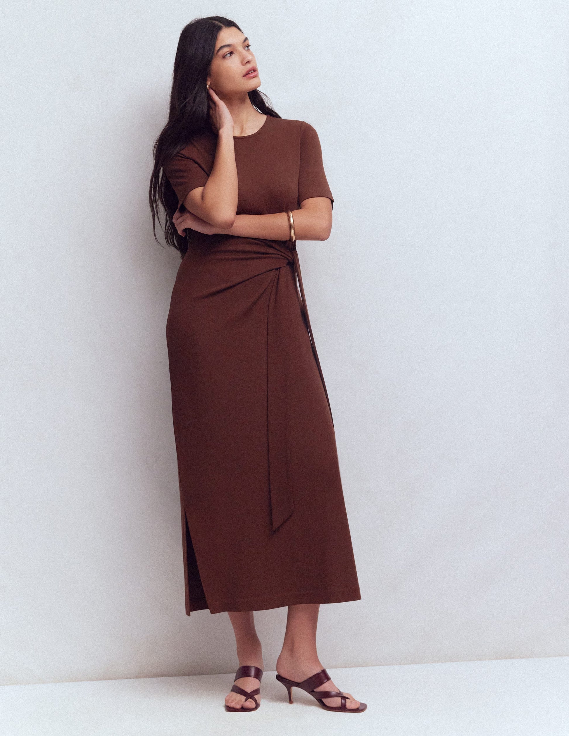 Zinnia Tie Ponte Midi Dress-Espresso-6