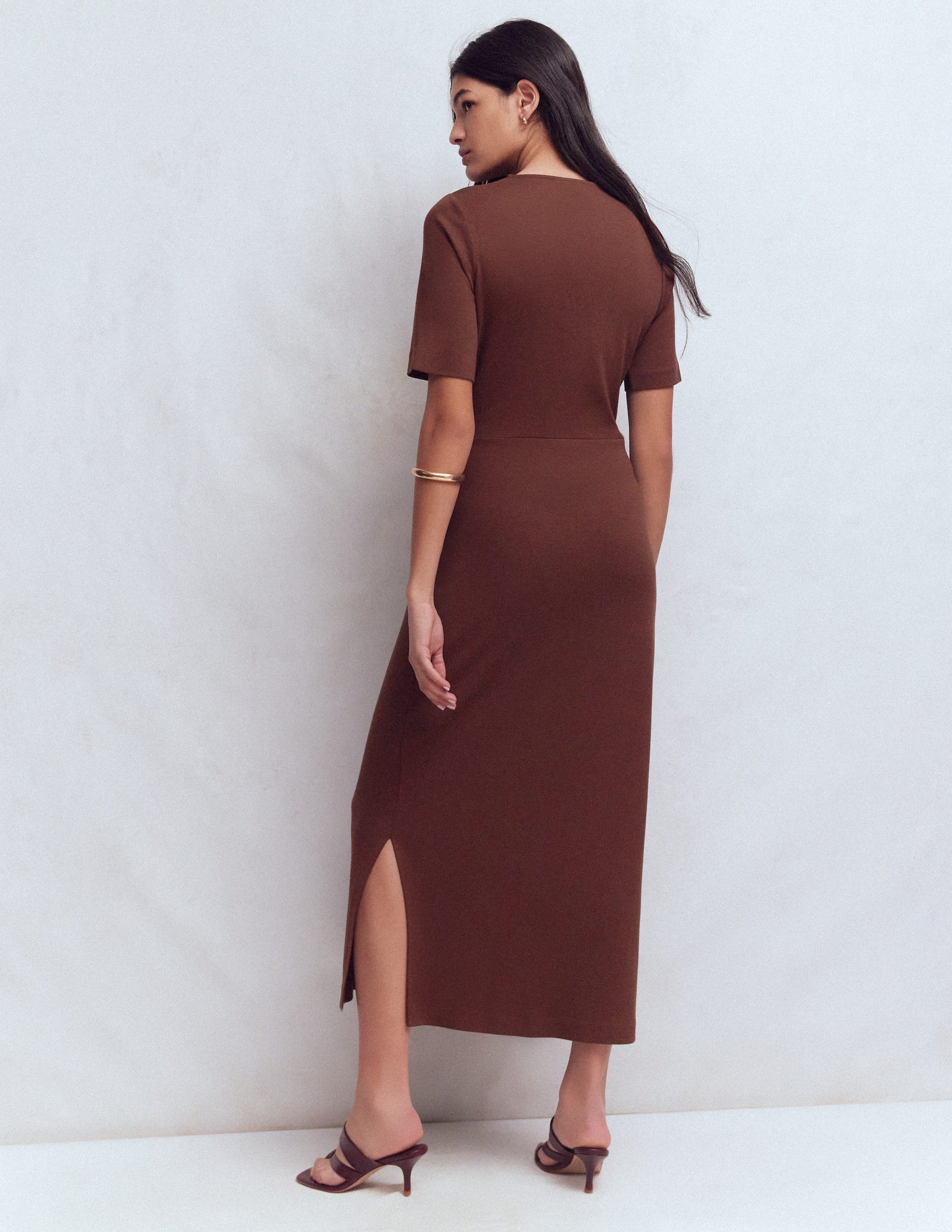 Zinnia Tie Ponte Midi Dress-Espresso-8