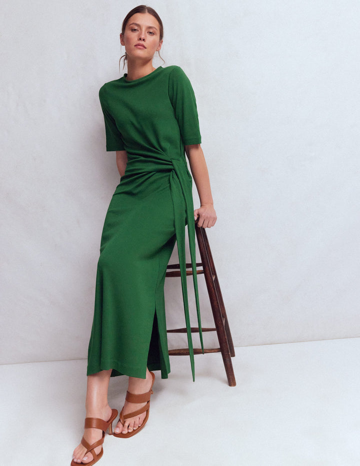 Zinnia Tie Ponte Midi Dress-Dark Green
