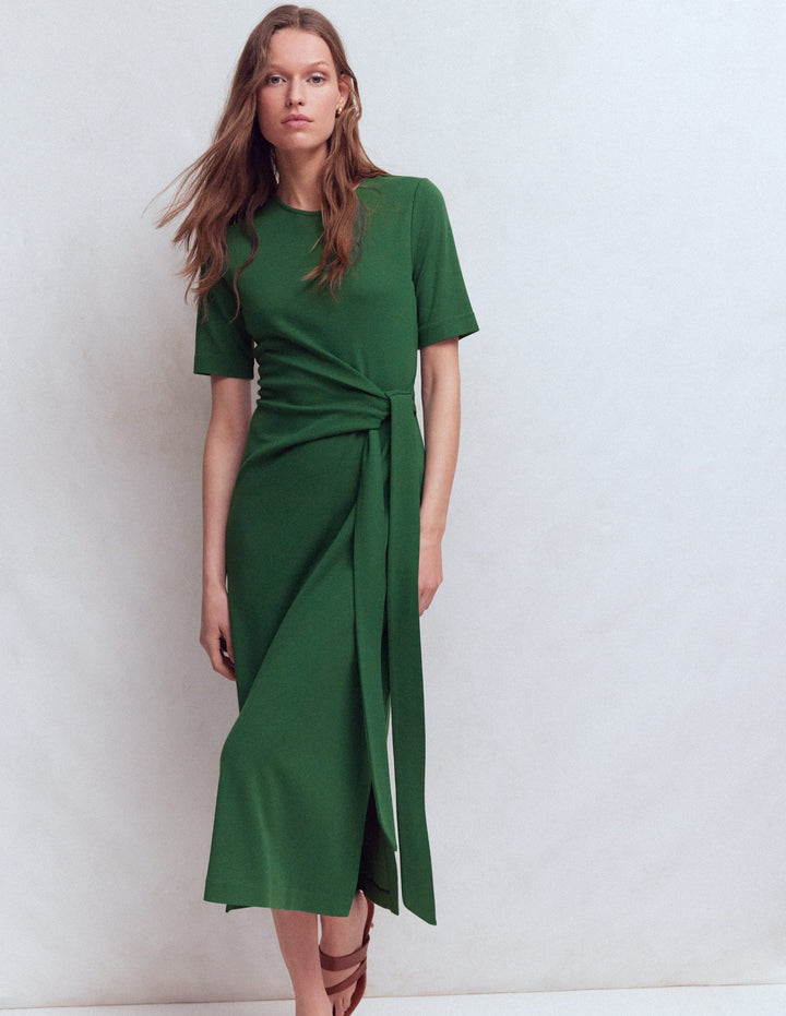 Zinnia Tie Ponte Midi Dress-Dark Green