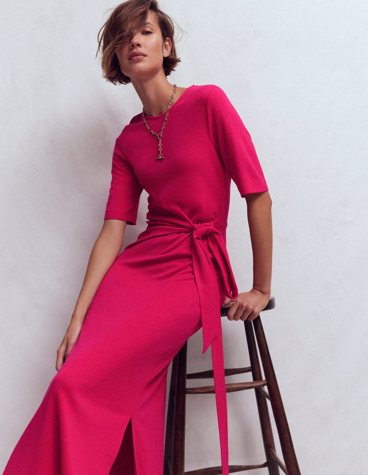 Zinnia Tie Ponte Midi Dress-Vibrant Pink