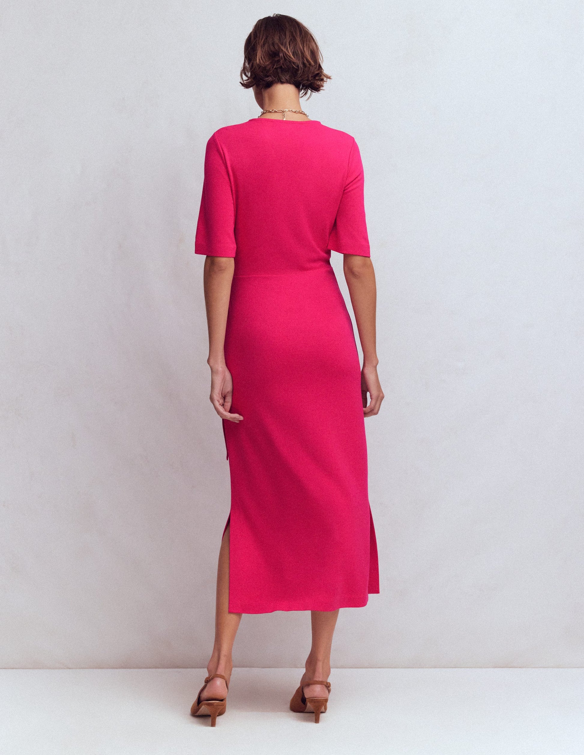 Zinnia Tie Ponte Midi Dress-Vibrant Pink-3