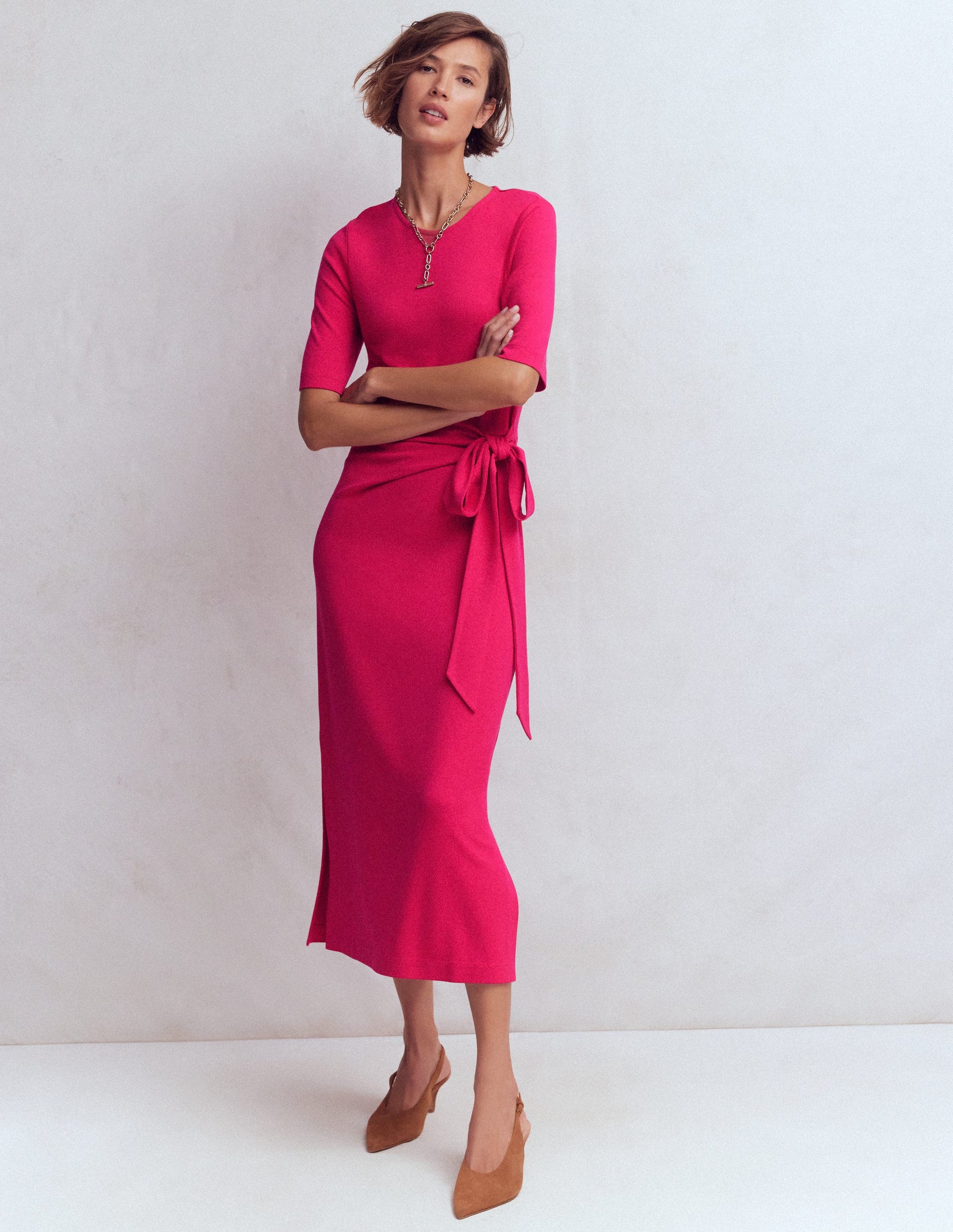 Zinnia Tie Ponte Midi Dress-Vibrant Pink-4