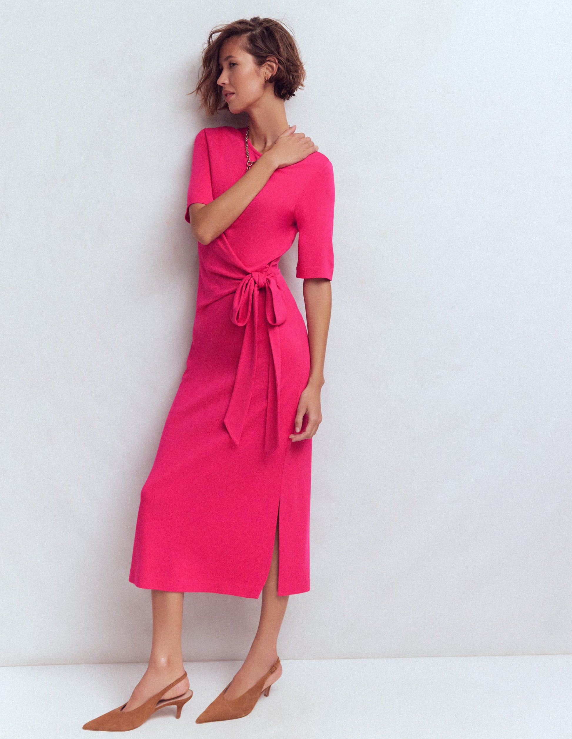 Zinnia Tie Ponte Midi Dress-Vibrant Pink-5