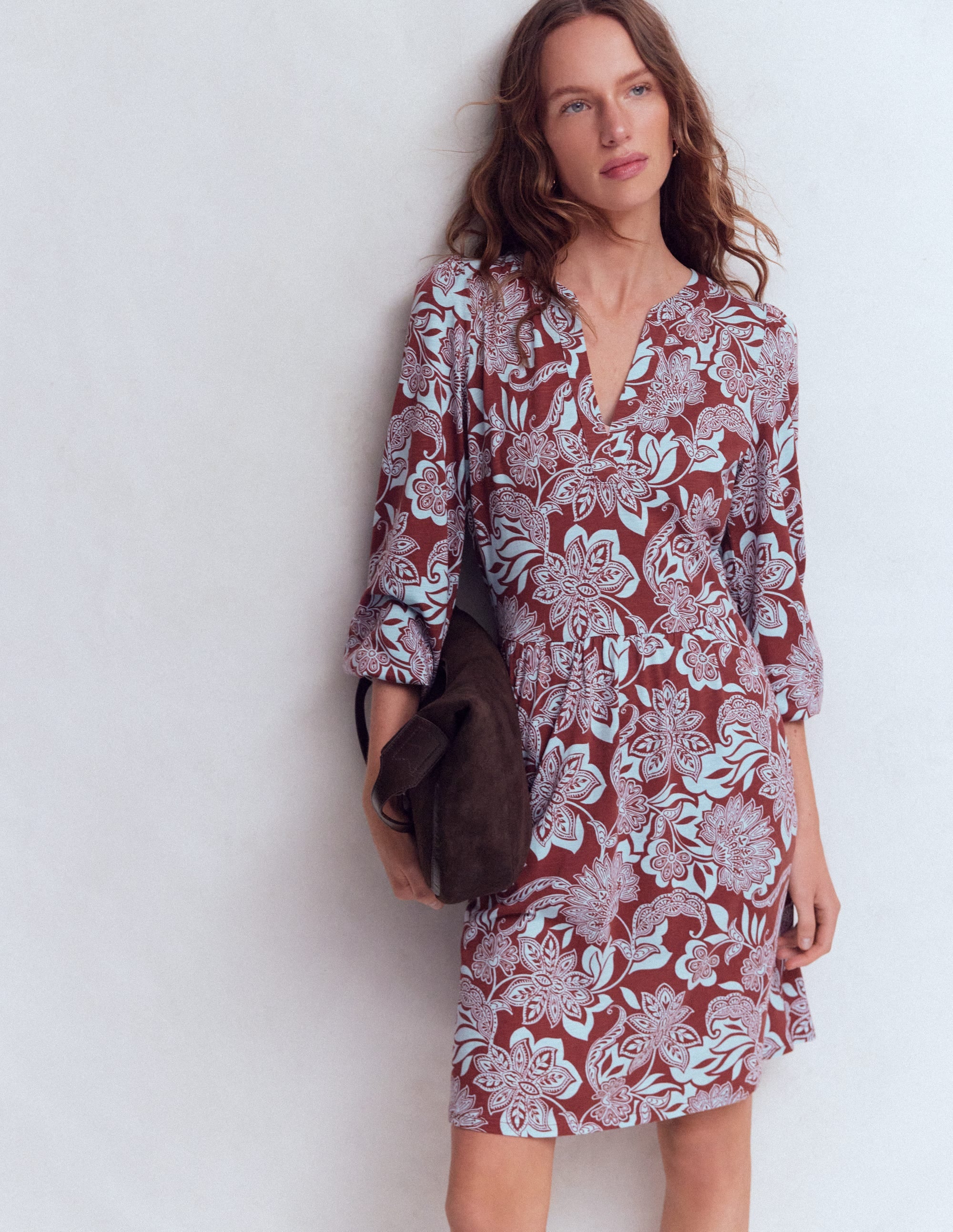 Cathy Notch Neck Jersey Dress-Roasted Brown, Elegant Blossom - Image 1