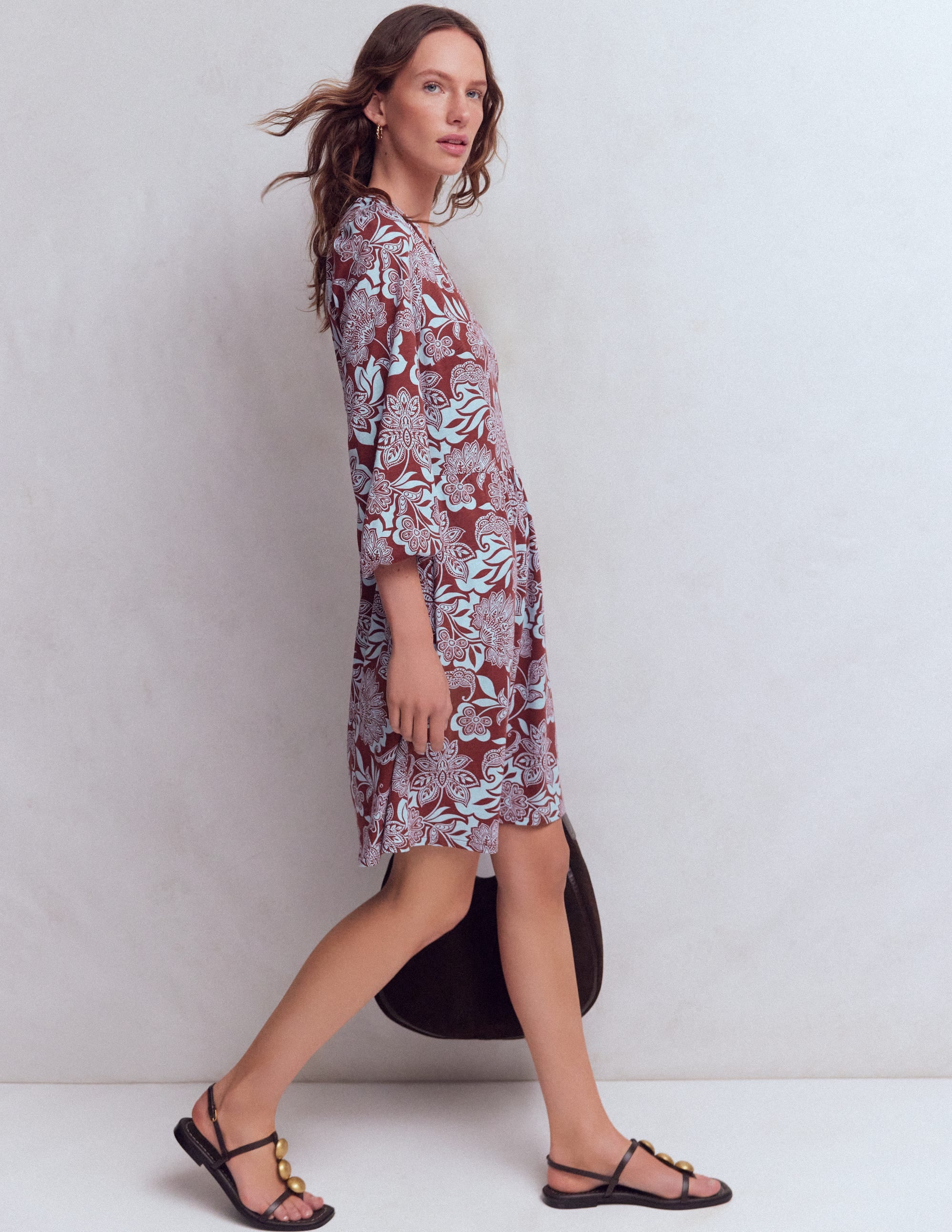 Cathy Notch Neck Jersey Dress-Roasted Brown, Elegant Blossom - Image 4