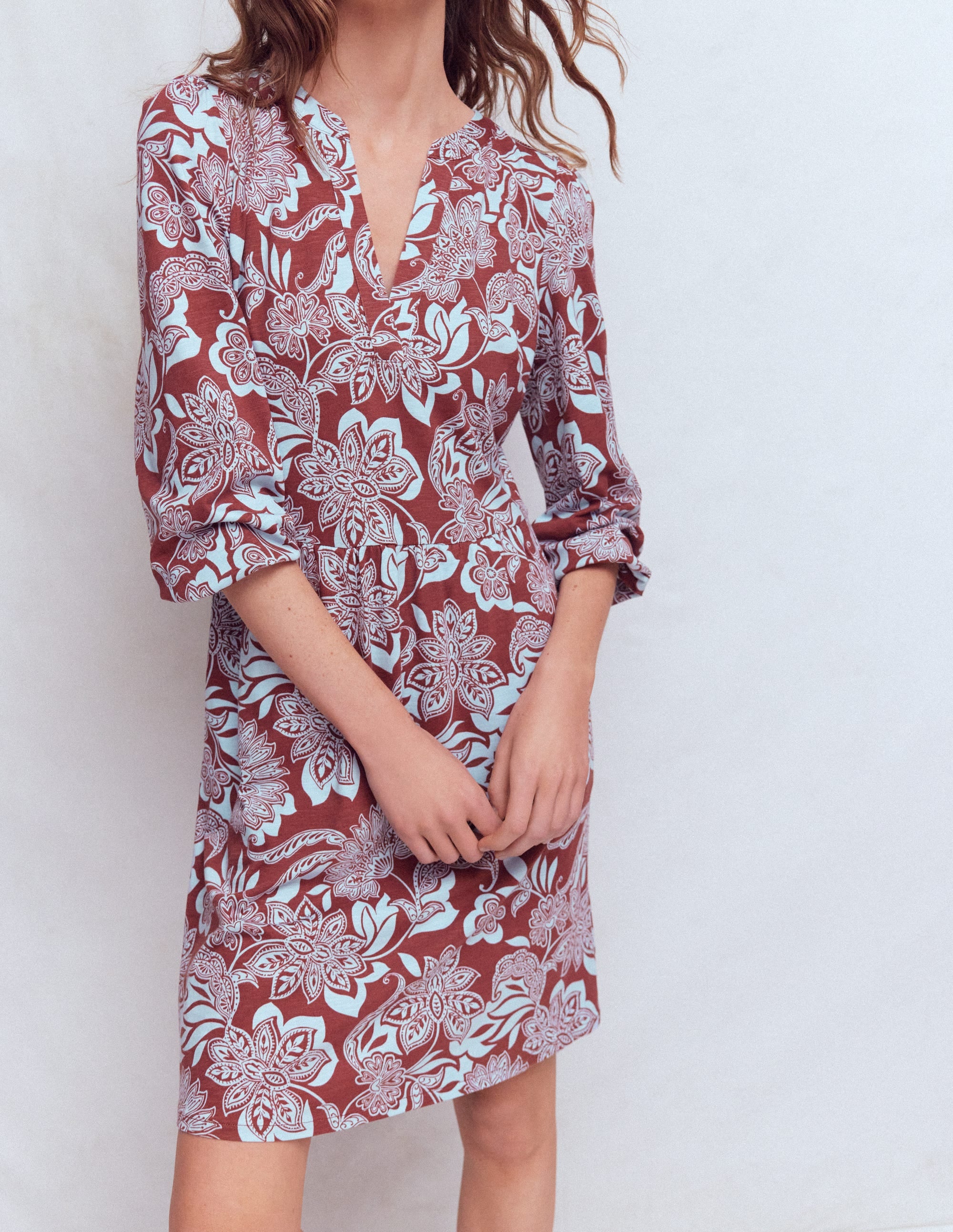 Cathy Notch Neck Jersey Dress-Roasted Brown, Elegant Blossom - Image 5