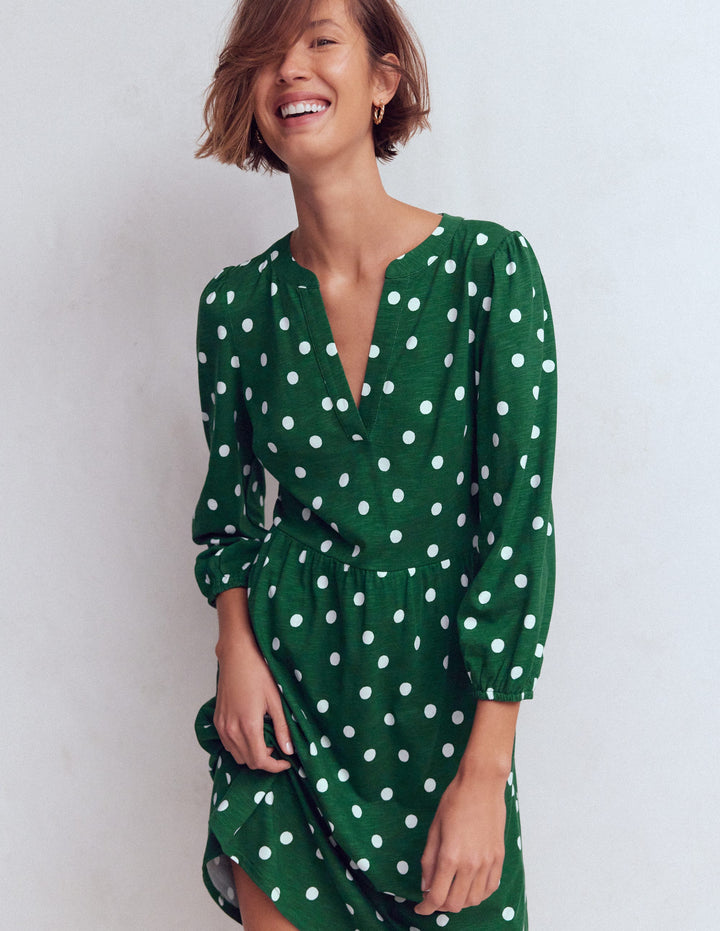 Cathy Notch Neck Jersey Dress-Hunter Green, Painted Dot