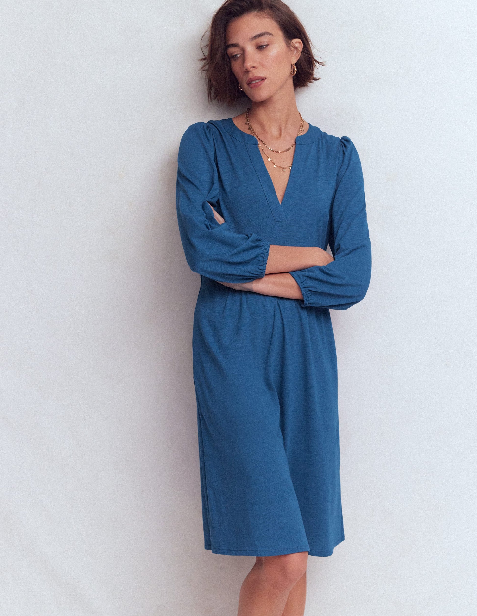 Cathy Notch Neck Jersey Dress-Tourmaline Blue-4