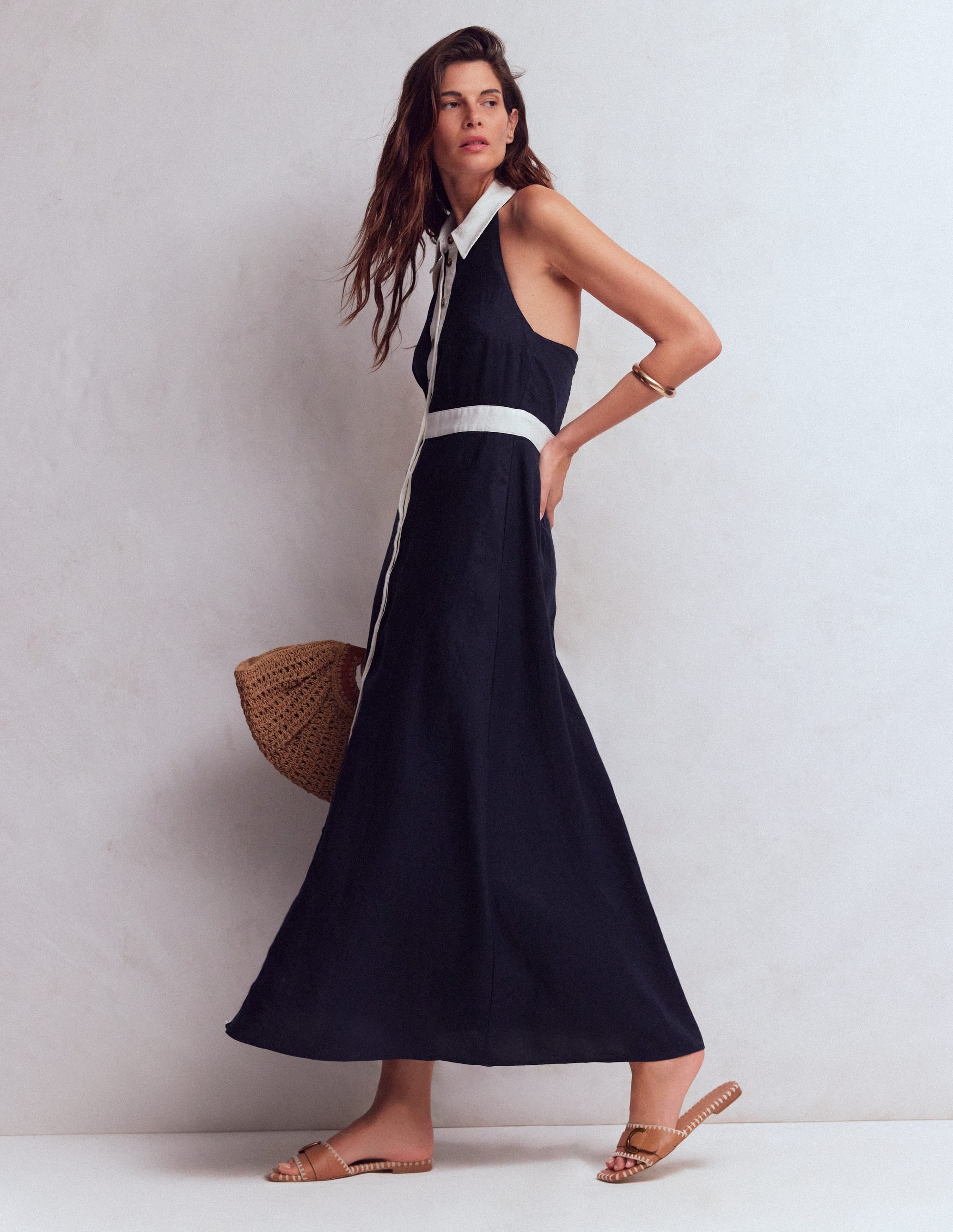 Eva Linen Blend Maxi Dress-Navy Ivory - Image 1