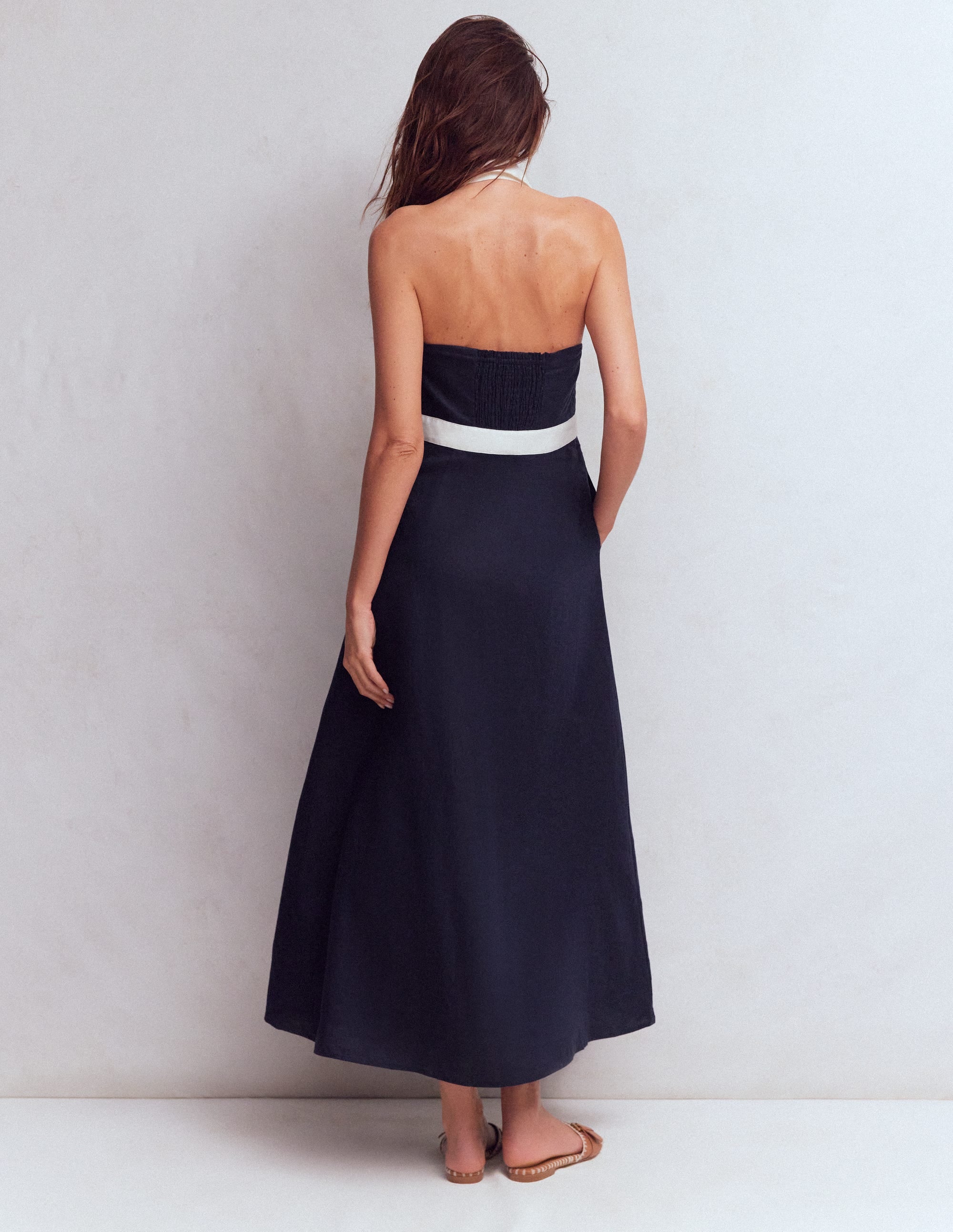 Eva Linen Blend Maxi Dress-Navy Ivory - Image 3
