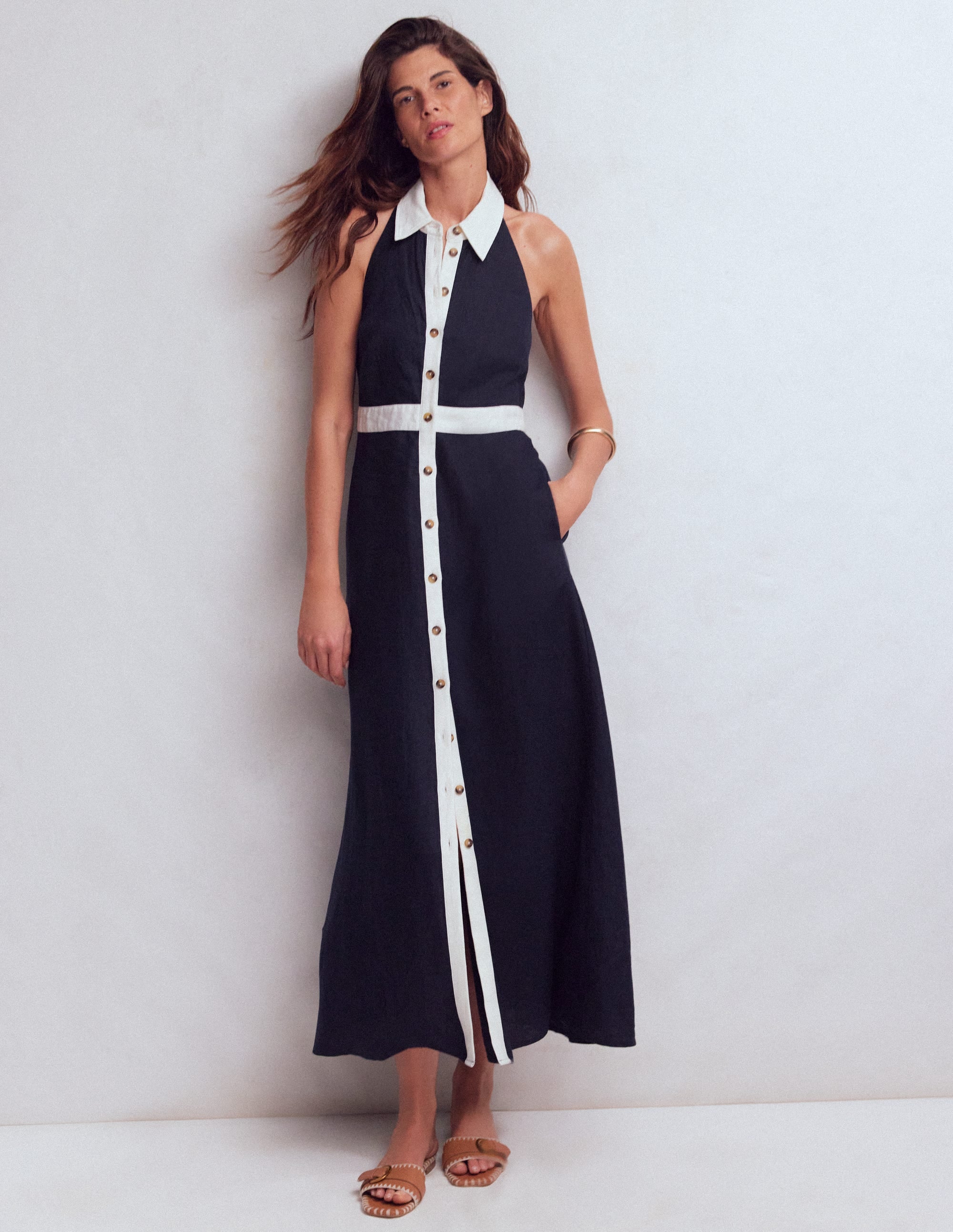 Eva Linen Blend Maxi Dress-Navy Ivory - Image 4