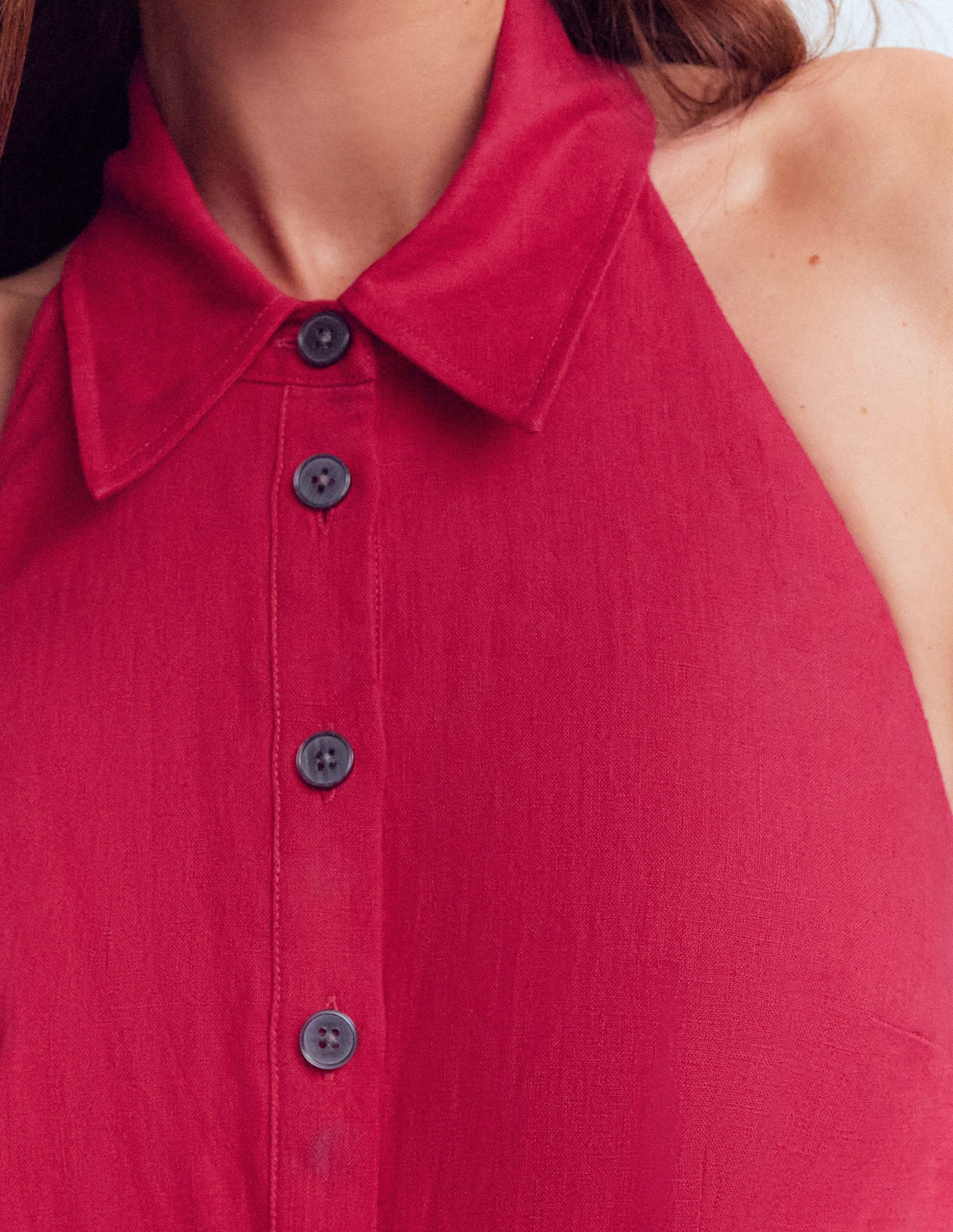 Collar Halter Neck Linen Dress-Pomegranate-2