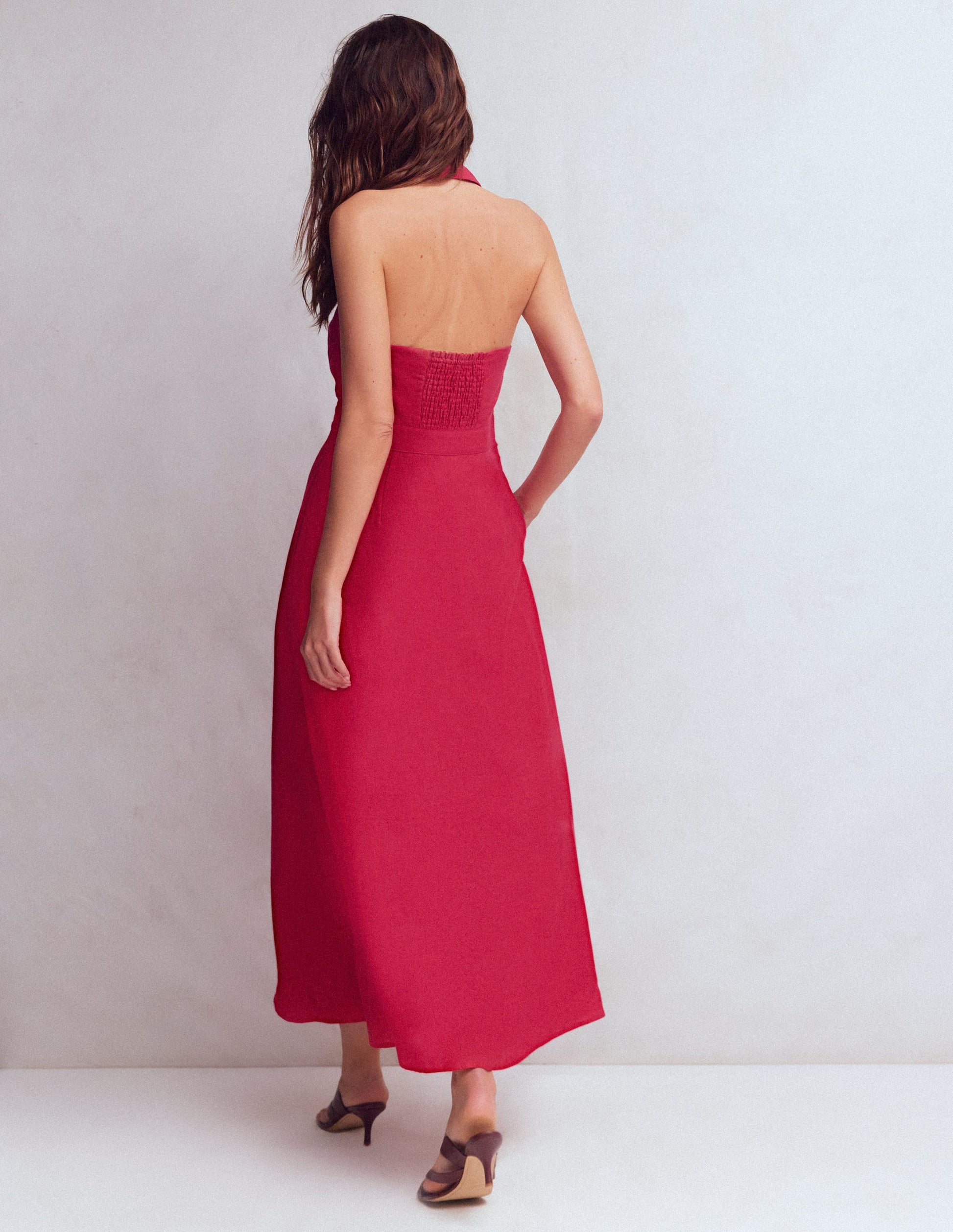 Collar Halter Neck Linen Dress-Pomegranate-3