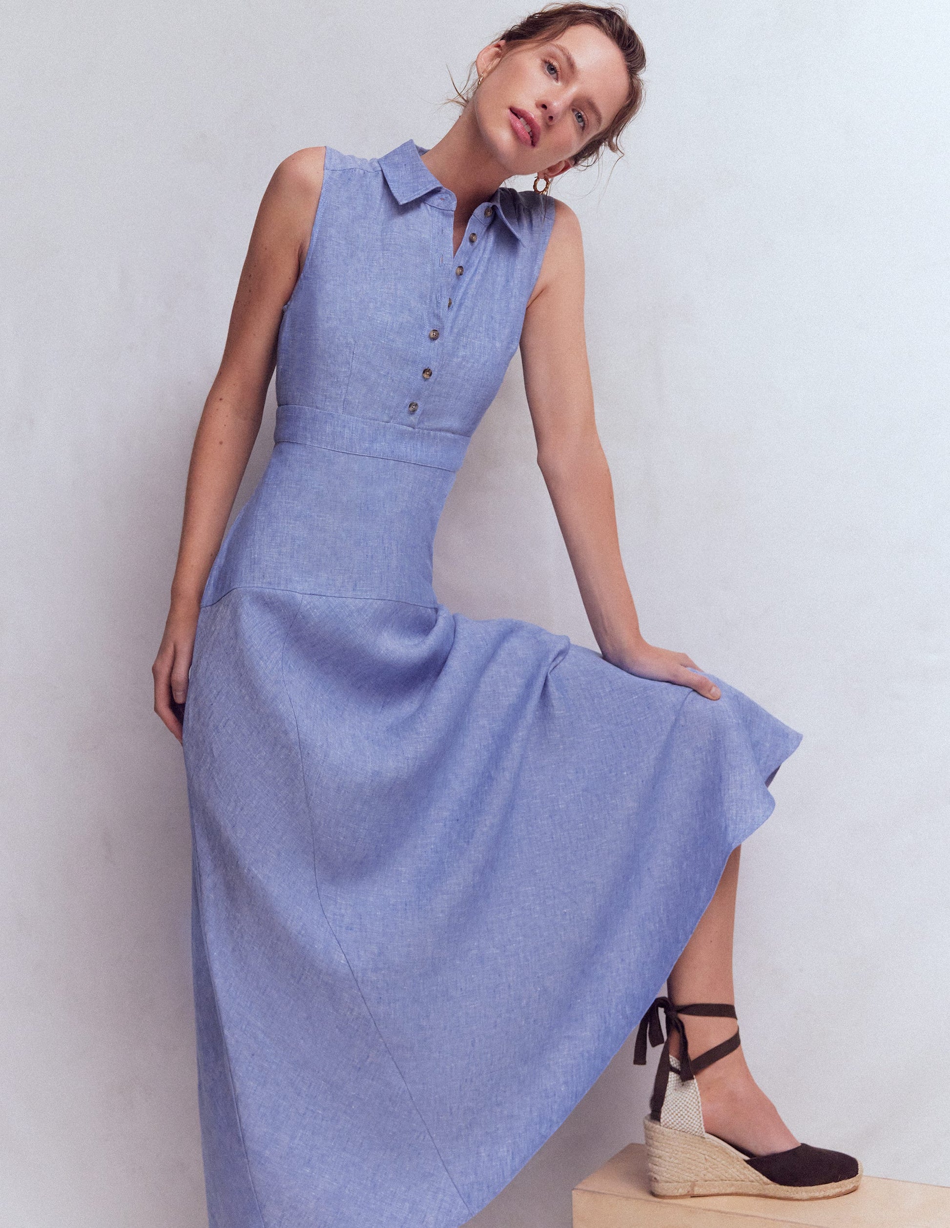 Erma Drop Waist Linen Dress-Chambray-1