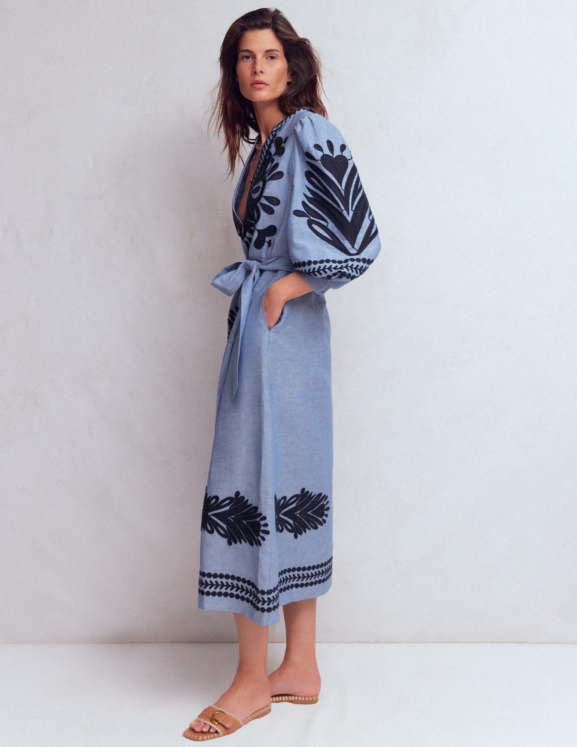 knee length dresses for ladies Octavia Linen Blend Dress-Embroidered Chambray