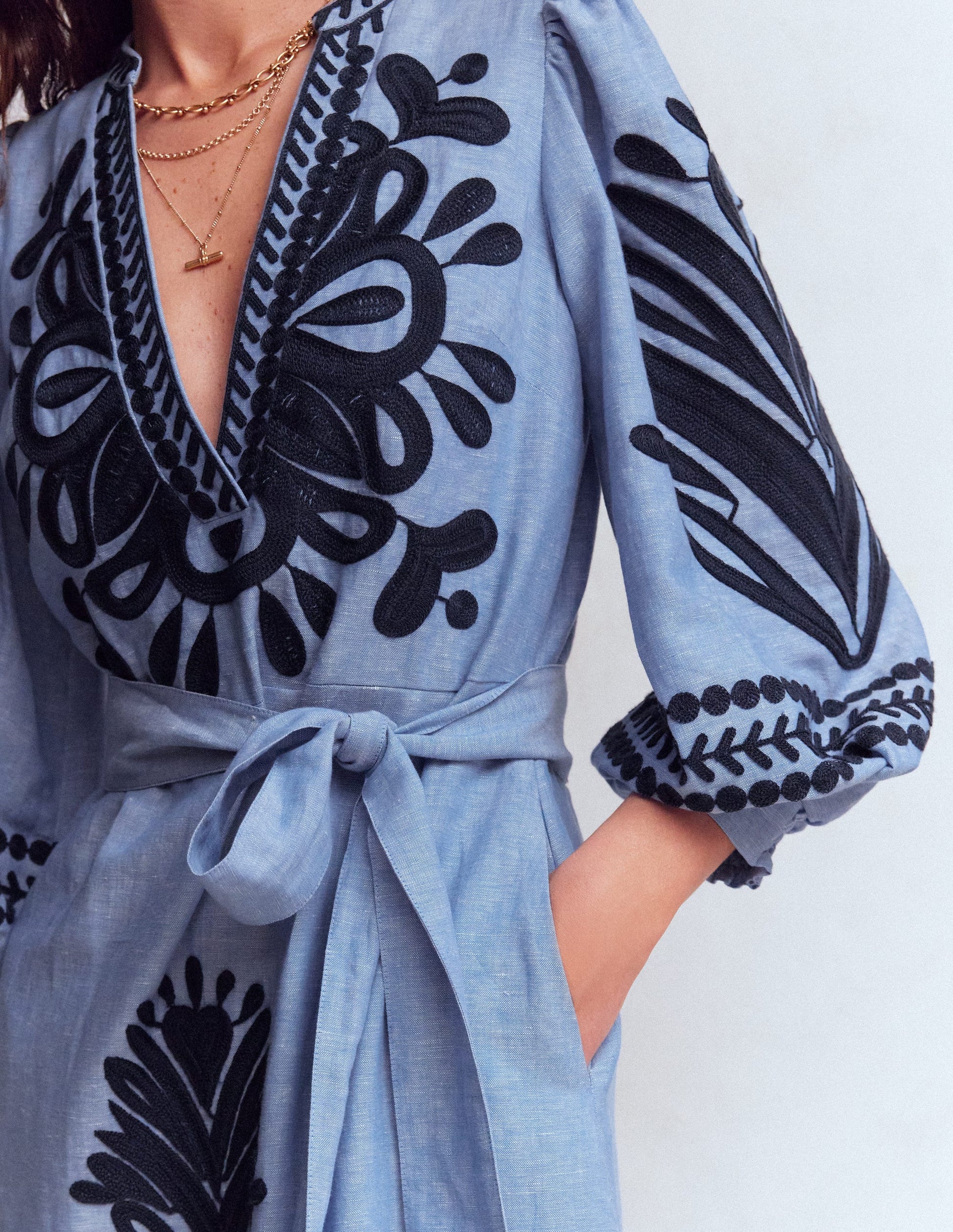 knee length dresses for ladies Ava Linen Blend Midi Dress-Blue Embroidery