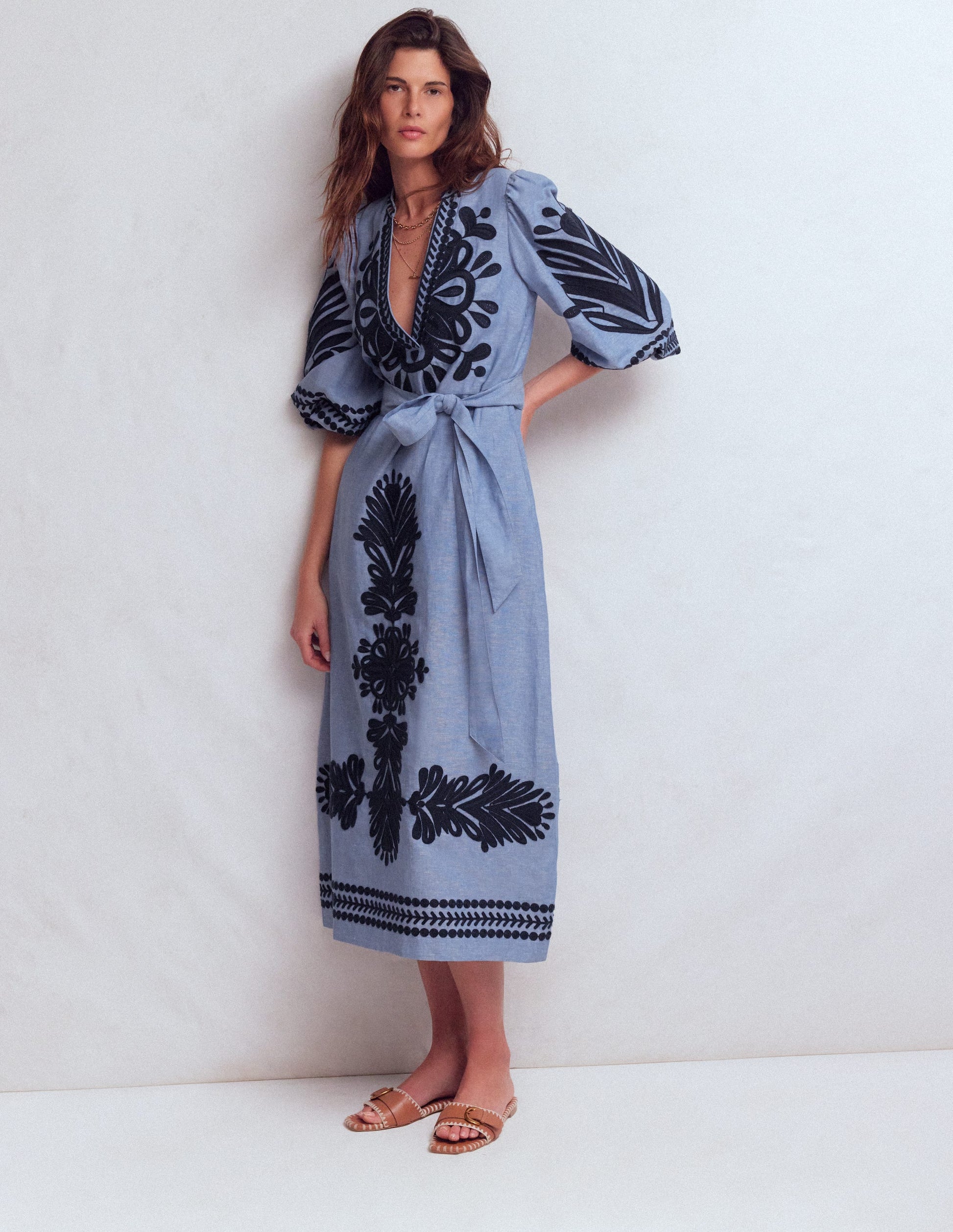 chinese dress ladies Octavia Linen Blend Dress-Embroidered Chambray