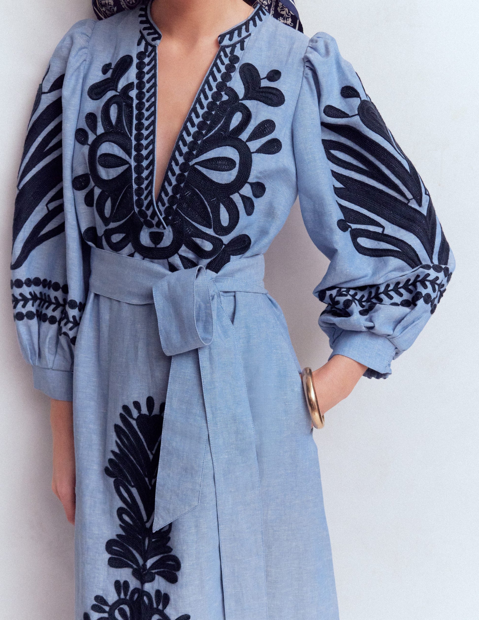 Octavia Linen Dress-Embroidered Chambray-7