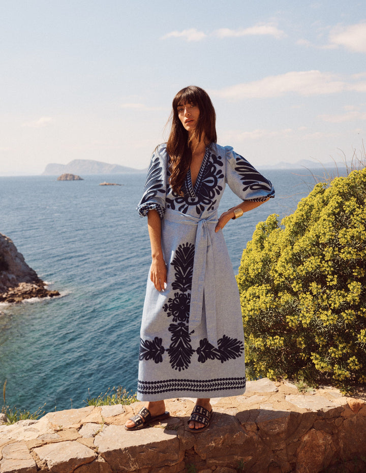 Octavia Linen Dress-Embroidered Chambray