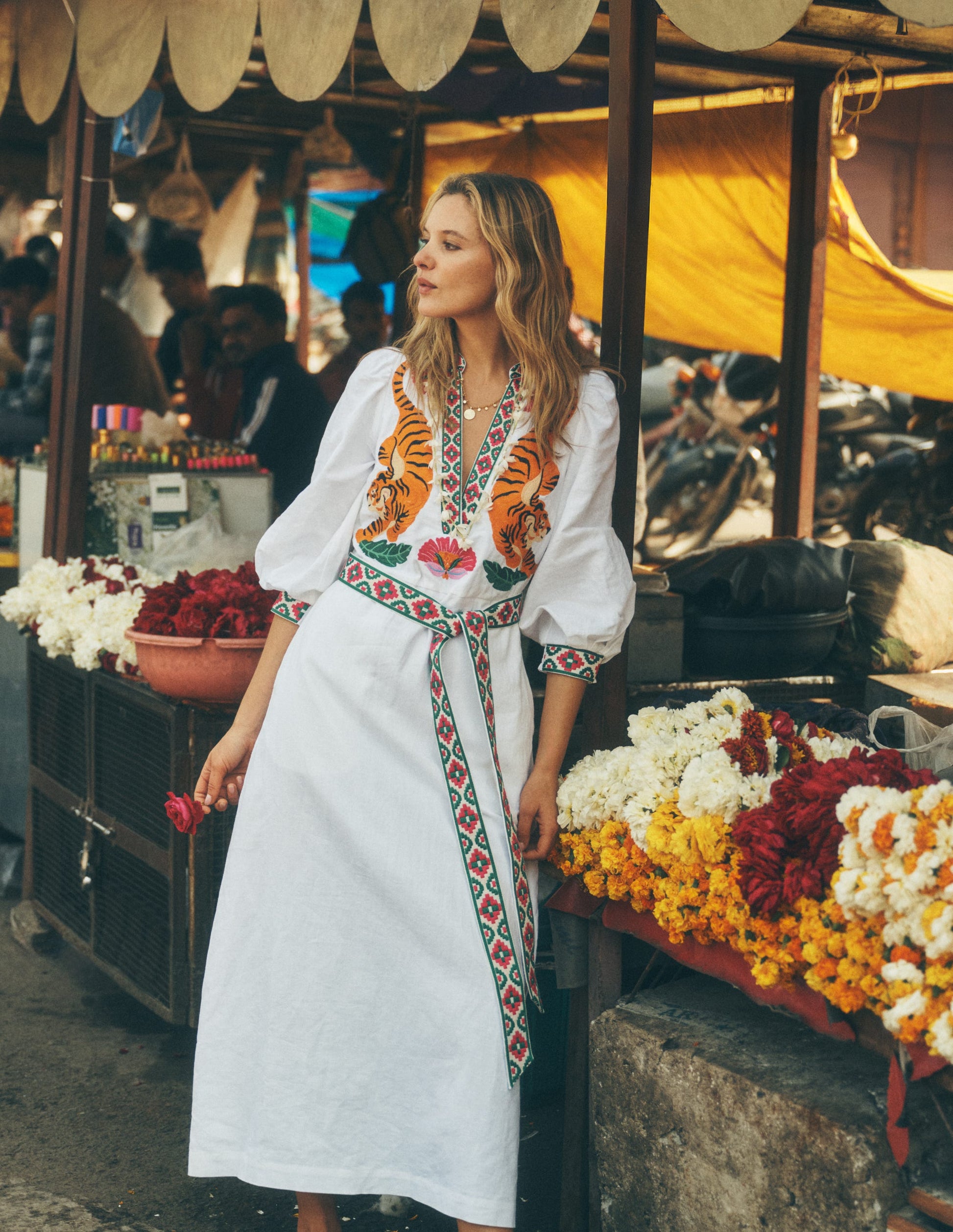 Octavia Linen Blend Dress-Tiger Embroidery-1