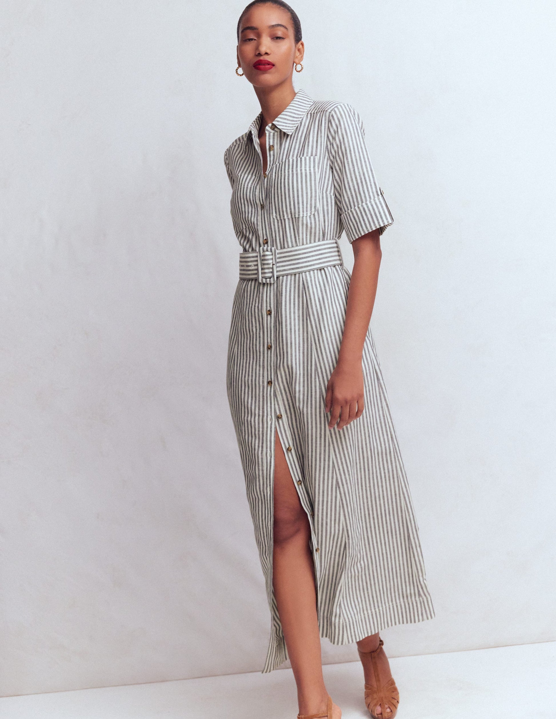 Ora Linen Blend Shirt Dress-Navy Ivory Stripe-1