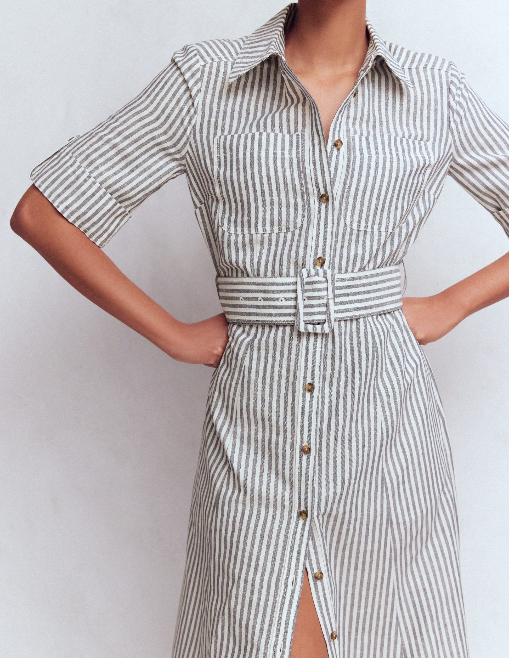 Ora Linen Blend Shirt Dress-Navy Ivory Stripe-2